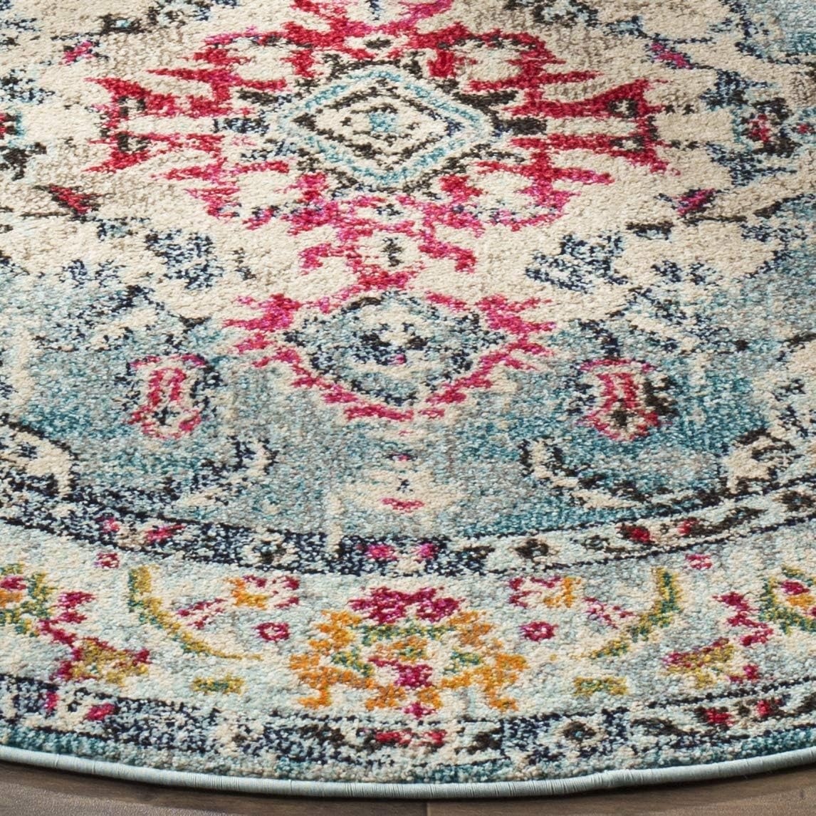 image:imageSAFAVIEH Monaco Collection Area Rug 8 Round Forest Green amp Light Blue NonShedding amp Easy to Clean Distressed Medallion Design Ideal for Living Room Bedroom Dining Space MNC243FLight BlueFuchsia