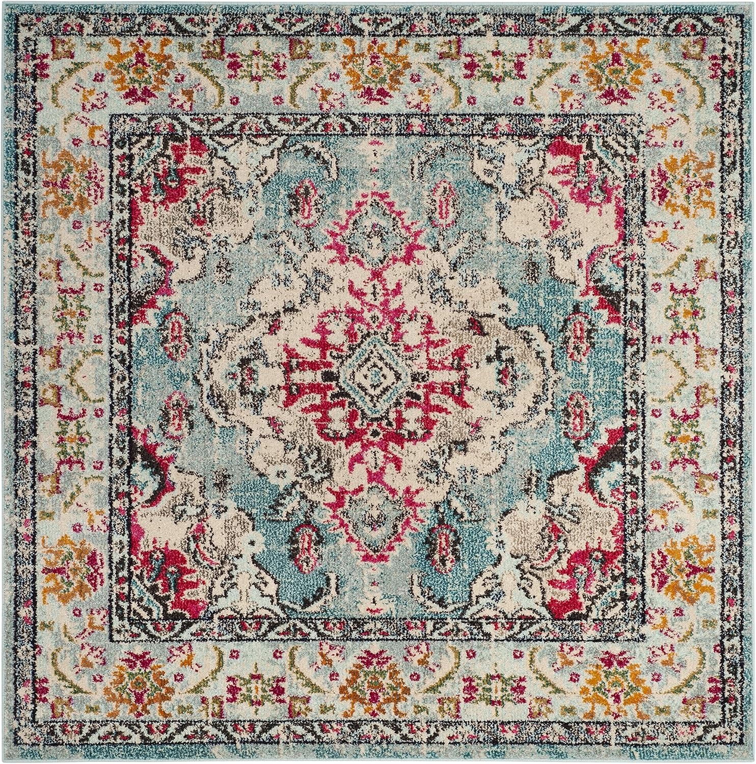 image:imageSAFAVIEH Monaco Collection Area Rug 8 Round Forest Green amp Light Blue NonShedding amp Easy to Clean Distressed Medallion Design Ideal for Living Room Bedroom Dining Space MNC243FLight BlueFuchsia