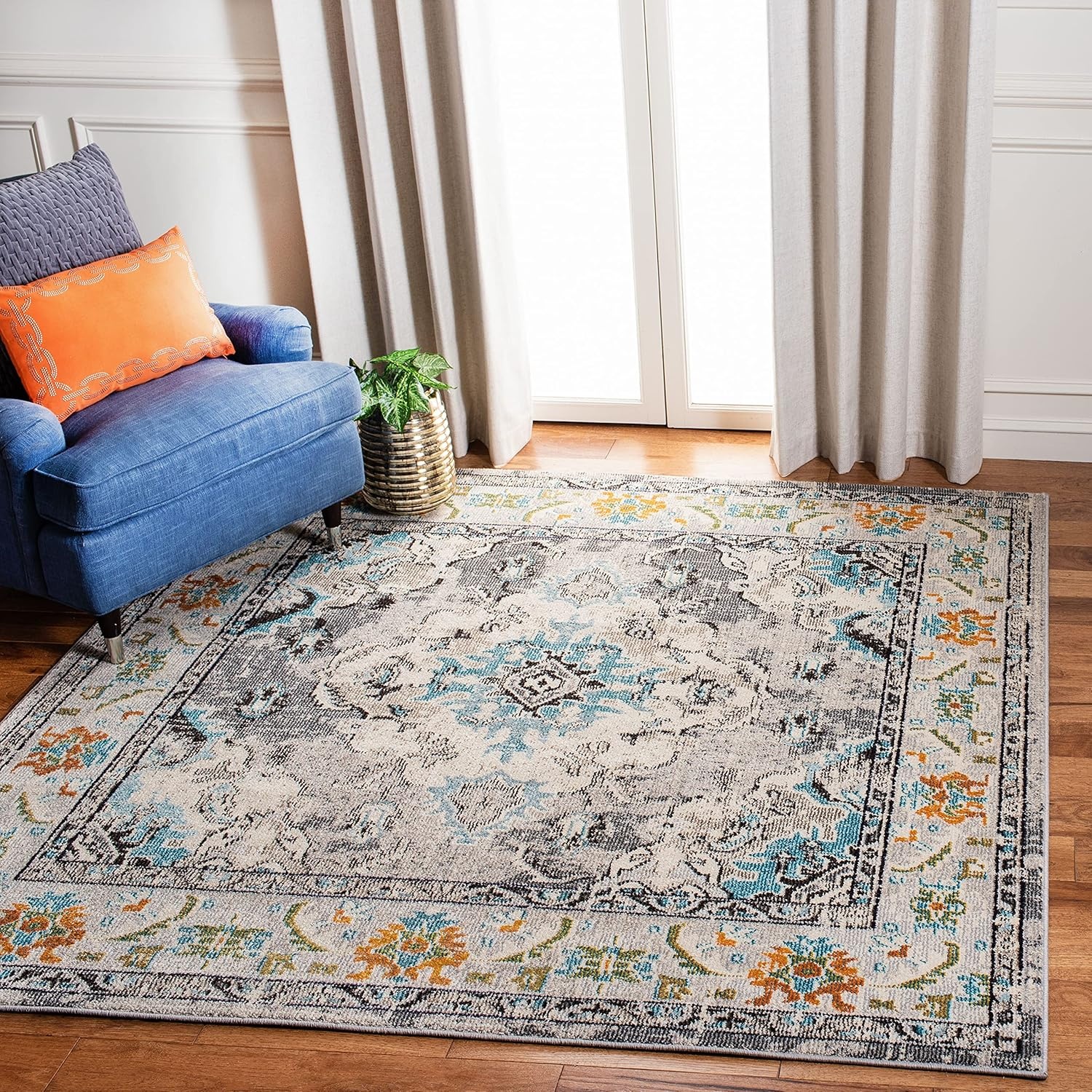 image:imageSAFAVIEH Monaco Collection Area Rug 8 Round Forest Green amp Light Blue NonShedding amp Easy to Clean Distressed Medallion Design Ideal for Living Room Bedroom Dining Space MNC243FGreyLight Blue