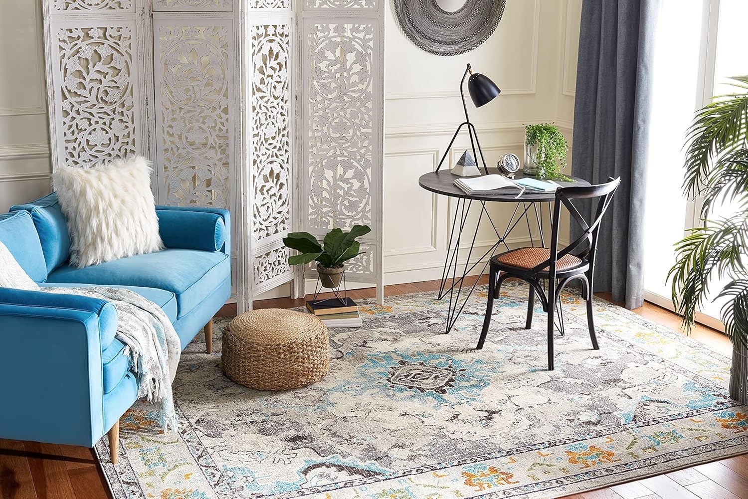 image:imageSAFAVIEH Monaco Collection Area Rug 8 Round Forest Green amp Light Blue NonShedding amp Easy to Clean Distressed Medallion Design Ideal for Living Room Bedroom Dining Space MNC243FGreyLight Blue