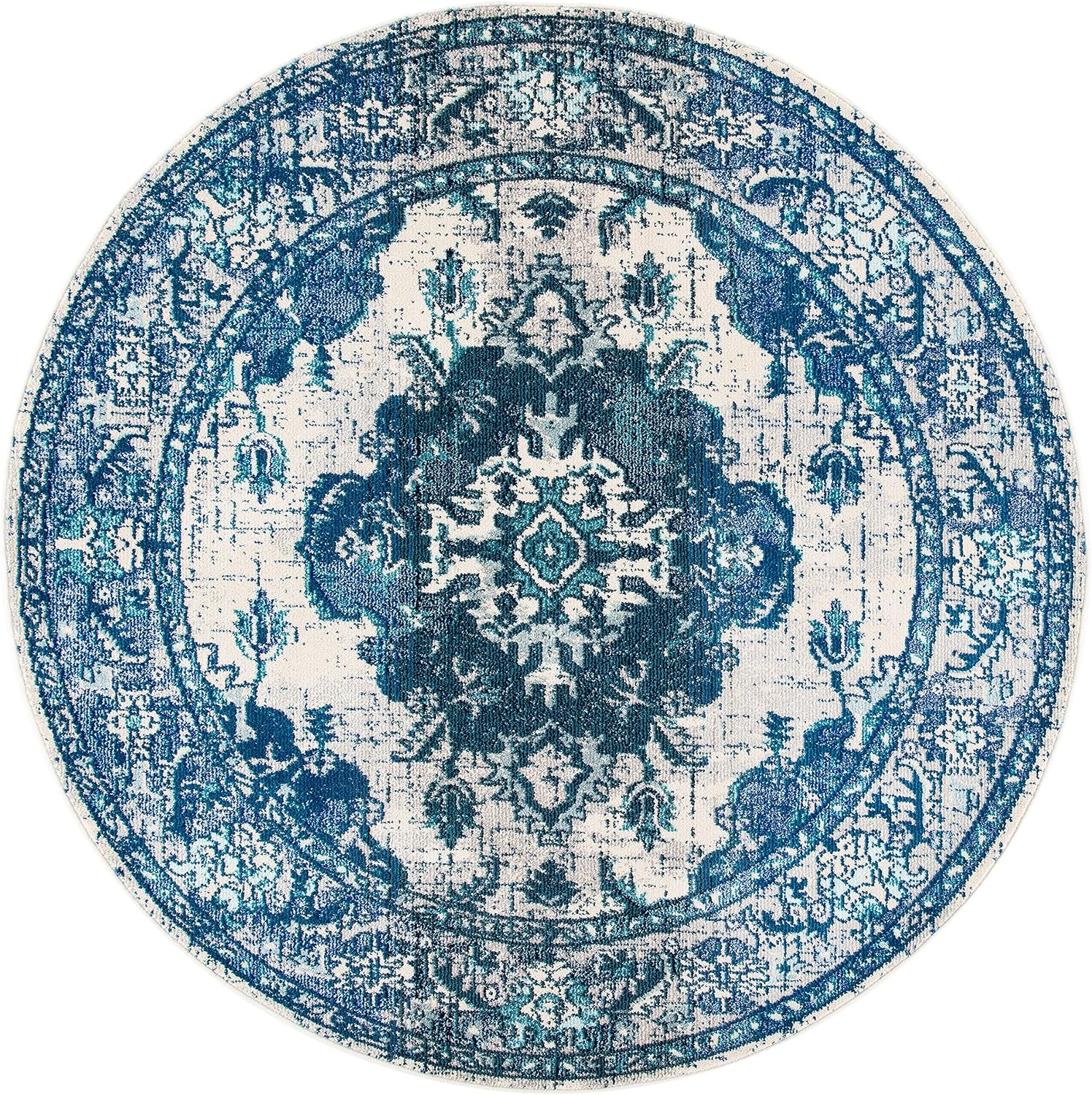 image:imageSAFAVIEH Monaco Collection Area Rug 8 Round Forest Green amp Light Blue NonShedding amp Easy to Clean Distressed Medallion Design Ideal for Living Room Bedroom Dining Space MNC243FIvoryBlue