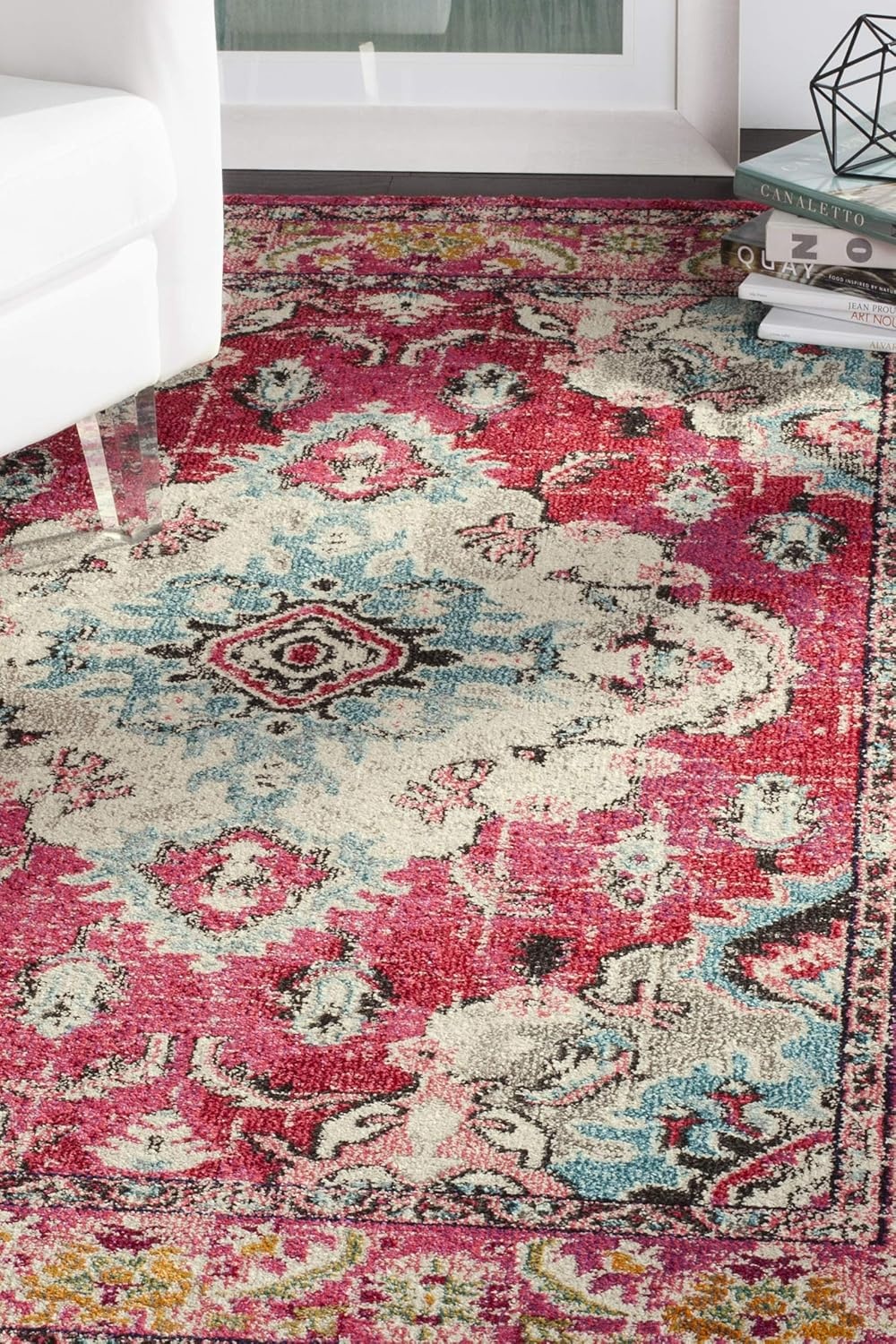 image:imageSAFAVIEH Monaco Collection Area Rug 8 Round Forest Green amp Light Blue NonShedding amp Easy to Clean Distressed Medallion Design Ideal for Living Room Bedroom Dining Space MNC243FPinkMulti