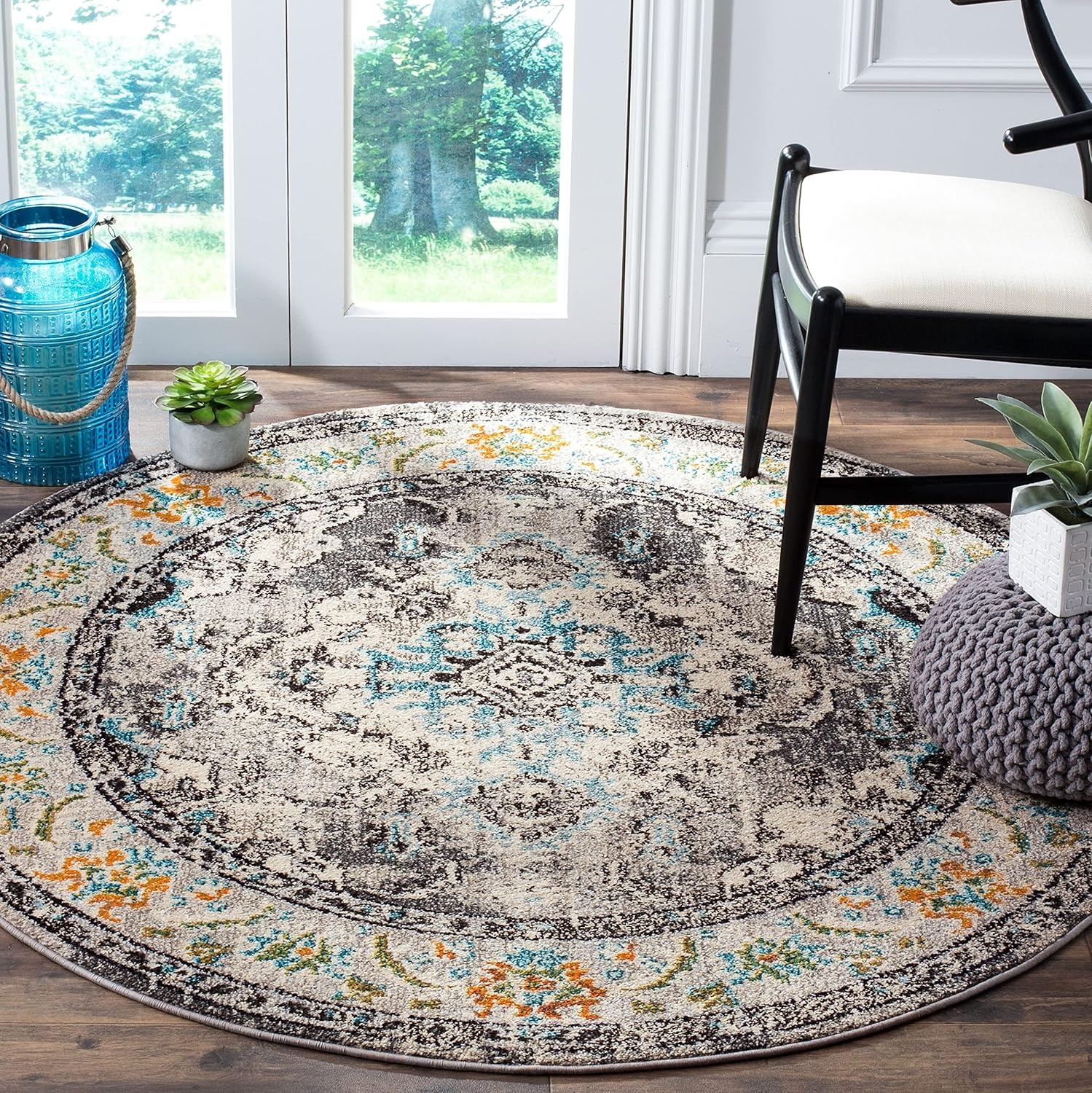 image:imageSAFAVIEH Monaco Collection Area Rug 8 Round Forest Green amp Light Blue NonShedding amp Easy to Clean Distressed Medallion Design Ideal for Living Room Bedroom Dining Space MNC243FGreyLight Blue