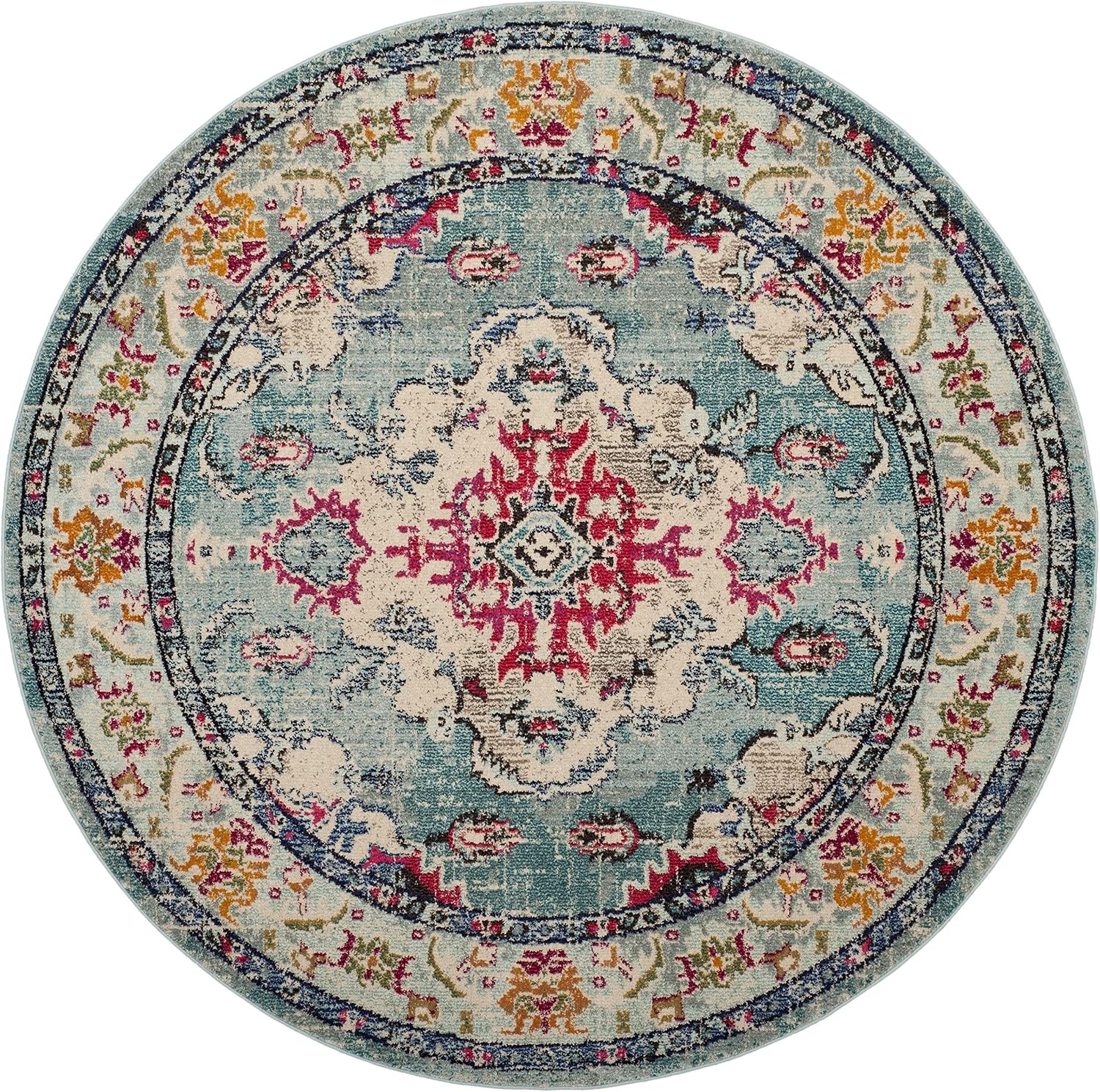 image:imageSAFAVIEH Monaco Collection Area Rug 8 Round Forest Green amp Light Blue NonShedding amp Easy to Clean Distressed Medallion Design Ideal for Living Room Bedroom Dining Space MNC243FLight BlueFuchsia