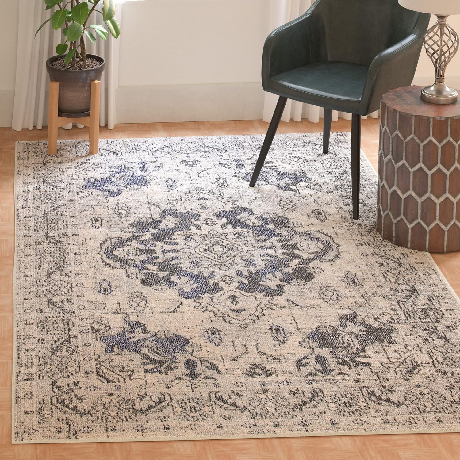 image:imageSAFAVIEH Monaco Collection Area Rug 8 Round Forest Green amp Light Blue NonShedding amp Easy to Clean Distressed Medallion Design Ideal for Living Room Bedroom Dining Space MNC243FIvoryGrey