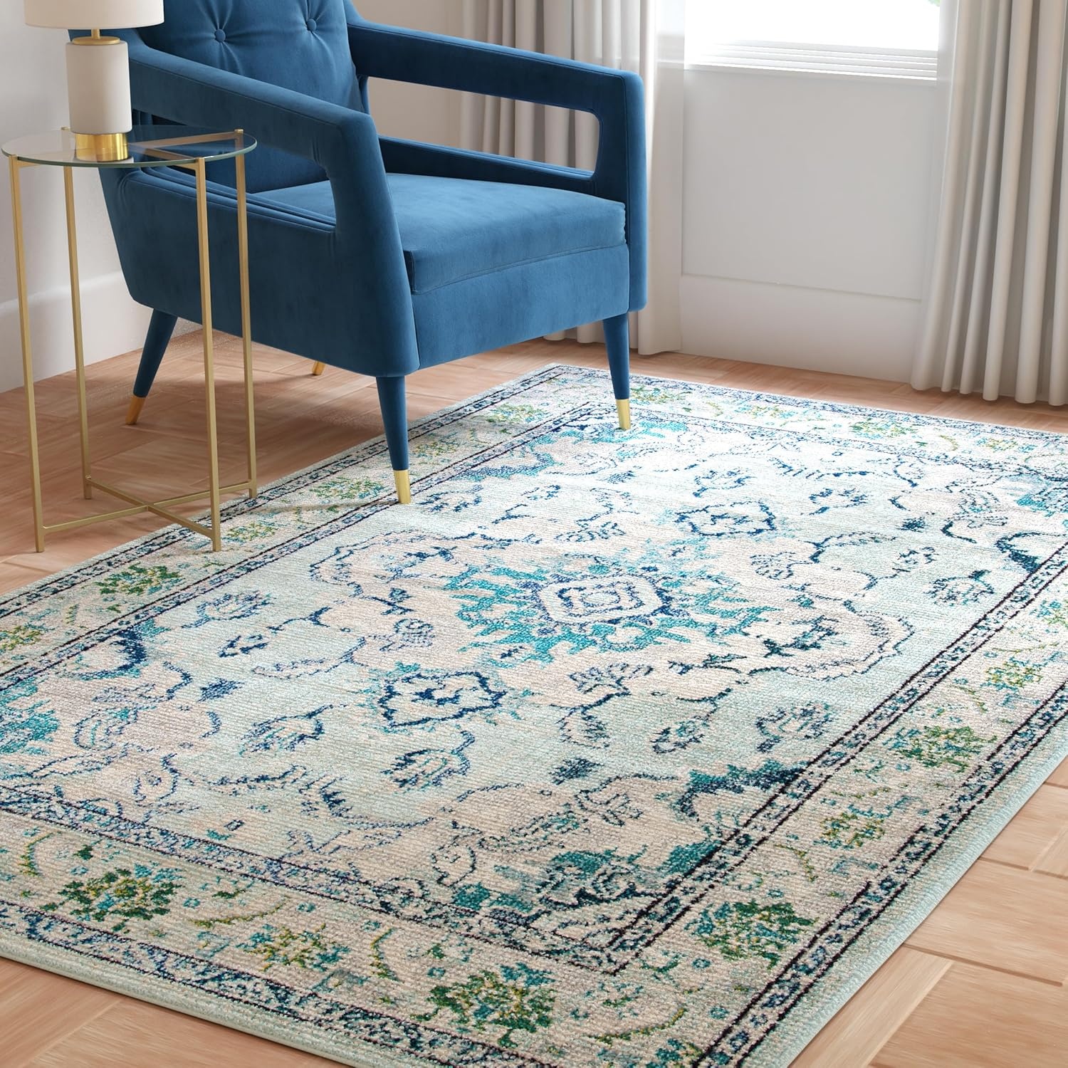 image:imageSAFAVIEH Monaco Collection Area Rug 8 Round Forest Green amp Light Blue NonShedding amp Easy to Clean Distressed Medallion Design Ideal for Living Room Bedroom Dining Space MNC243FLight Blue Ivory