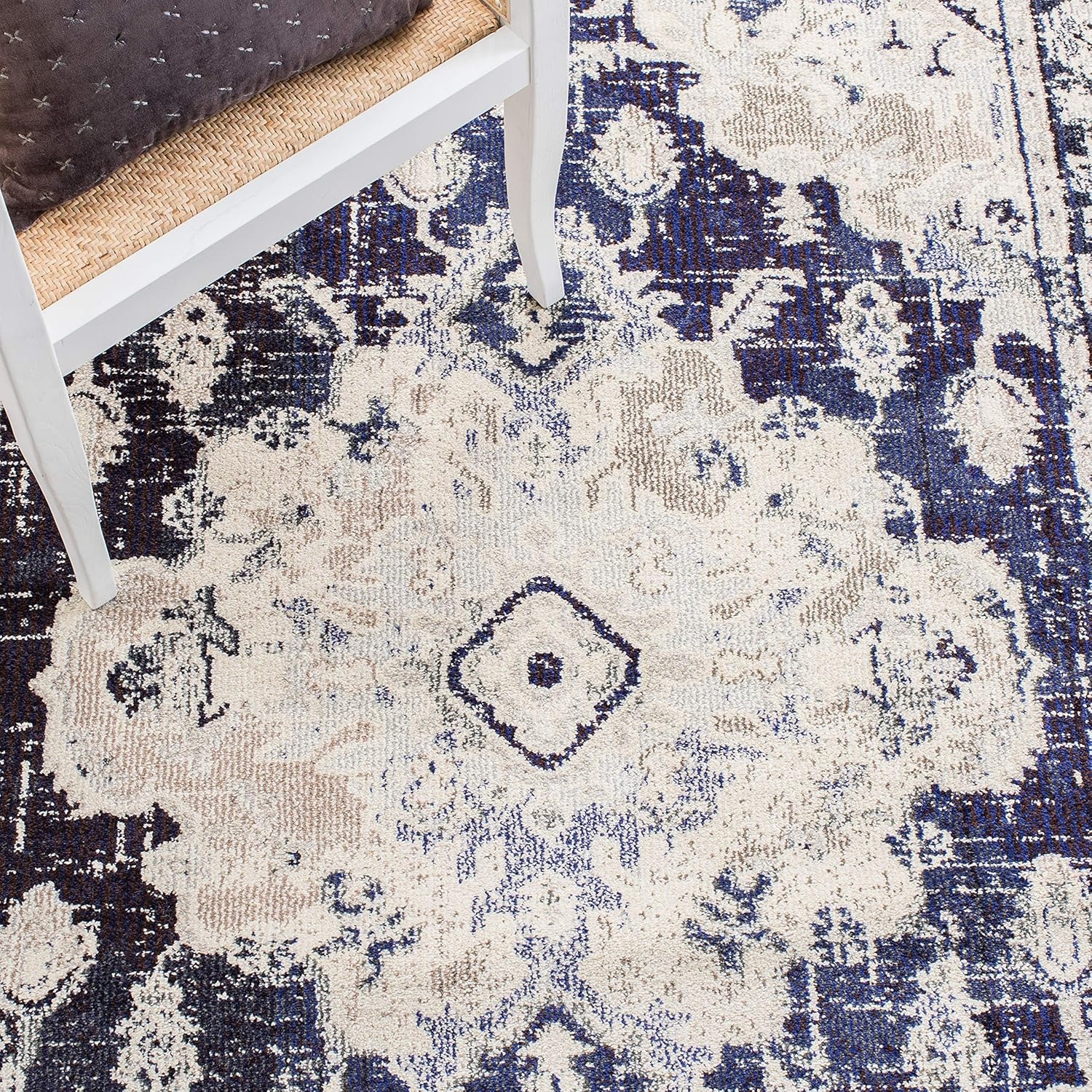 image:imageSAFAVIEH Monaco Collection Area Rug 8 Round Forest Green amp Light Blue NonShedding amp Easy to Clean Distressed Medallion Design Ideal for Living Room Bedroom Dining Space MNC243FIvoryNavy