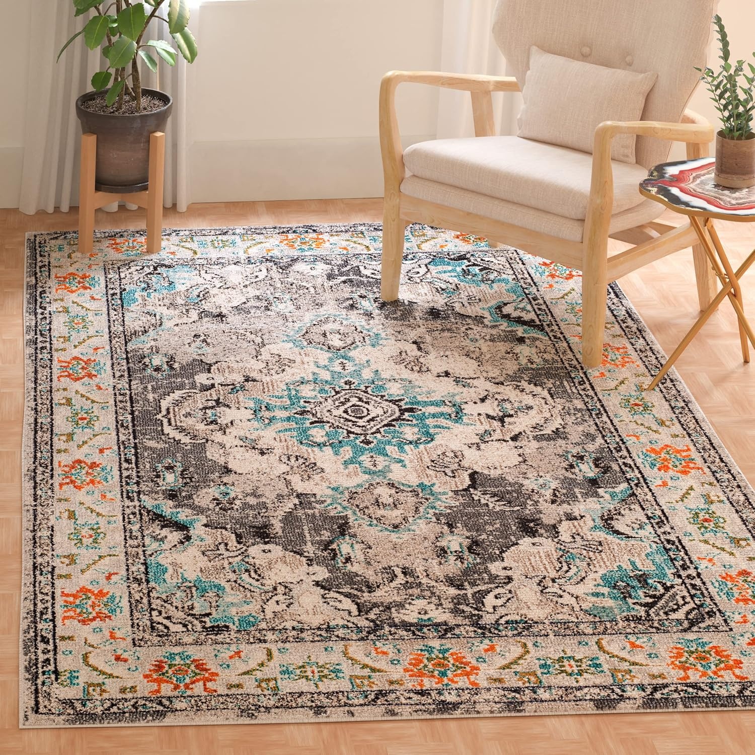 image:imageSAFAVIEH Monaco Collection Area Rug 8 Round Forest Green amp Light Blue NonShedding amp Easy to Clean Distressed Medallion Design Ideal for Living Room Bedroom Dining Space MNC243FGreyLight Blue