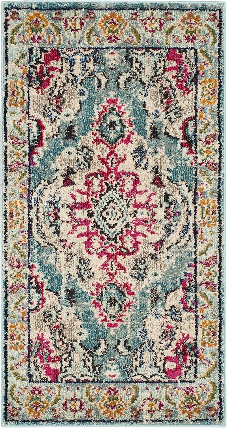 image:imageSAFAVIEH Monaco Collection Area Rug 8 Round Forest Green amp Light Blue NonShedding amp Easy to Clean Distressed Medallion Design Ideal for Living Room Bedroom Dining Space MNC243FLight BlueFuchsia