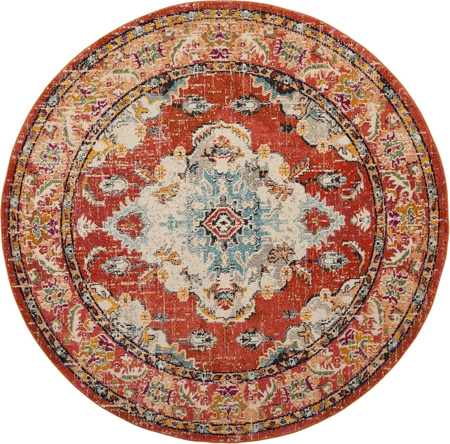 image:imageSAFAVIEH Monaco Collection Area Rug 8 Round Forest Green amp Light Blue NonShedding amp Easy to Clean Distressed Medallion Design Ideal for Living Room Bedroom Dining Space MNC243FOrangeLight Blue