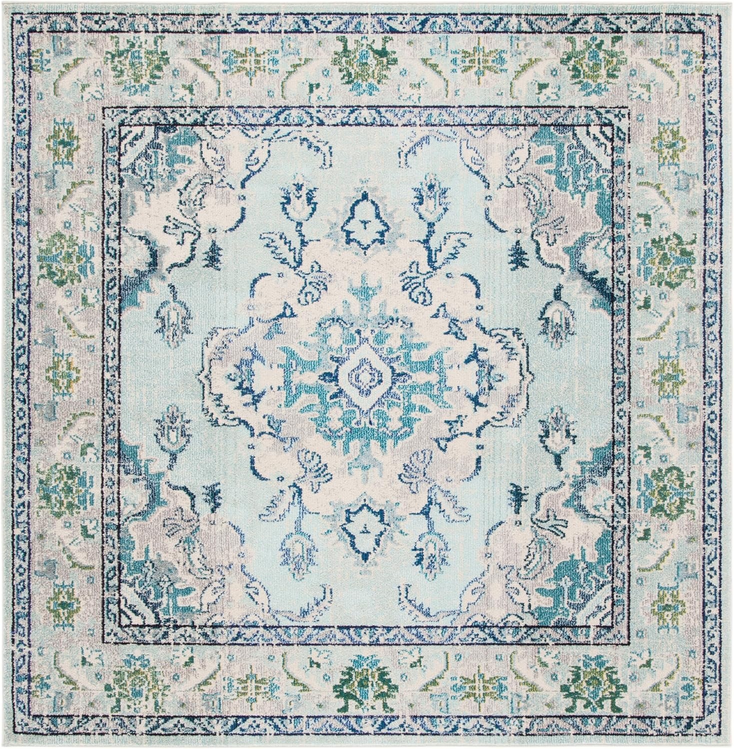 image:imageSAFAVIEH Monaco Collection Area Rug 8 Round Forest Green amp Light Blue NonShedding amp Easy to Clean Distressed Medallion Design Ideal for Living Room Bedroom Dining Space MNC243FLight Blue Ivory