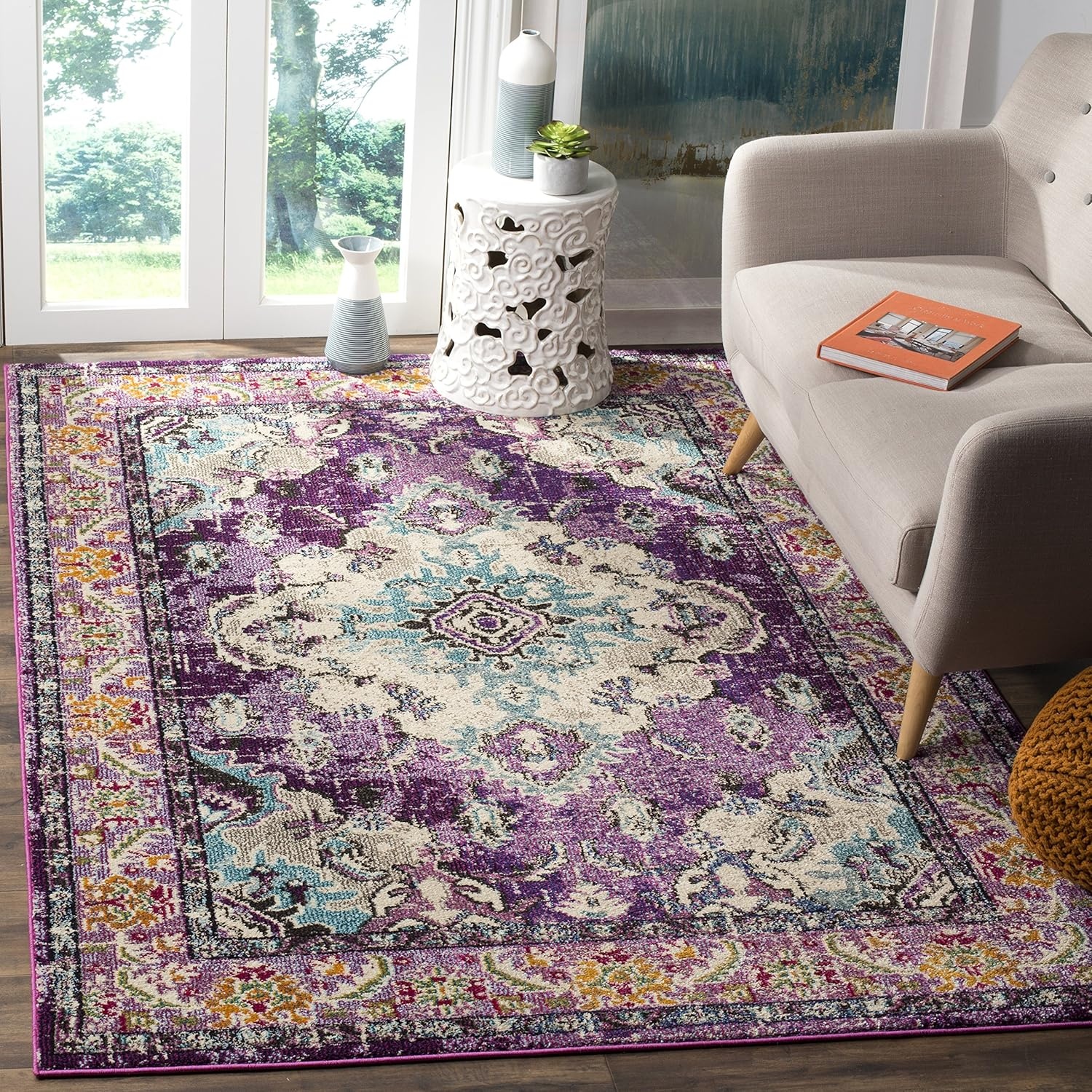 image:imageSAFAVIEH Monaco Collection Area Rug 8 Round Forest Green amp Light Blue NonShedding amp Easy to Clean Distressed Medallion Design Ideal for Living Room Bedroom Dining Space MNC243FVioletLight Blue