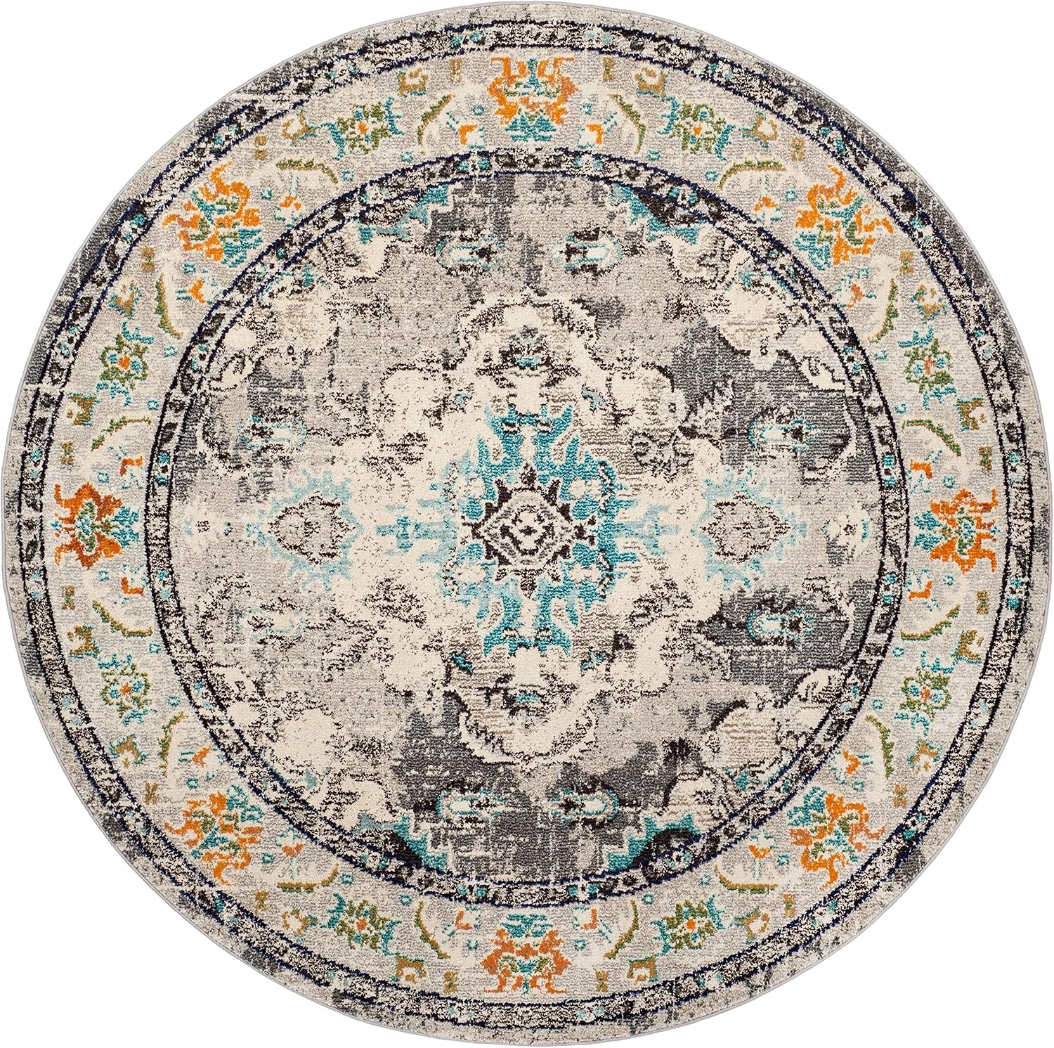 image:imageSAFAVIEH Monaco Collection Area Rug 8 Round Forest Green amp Light Blue NonShedding amp Easy to Clean Distressed Medallion Design Ideal for Living Room Bedroom Dining Space MNC243FGreyLight Blue