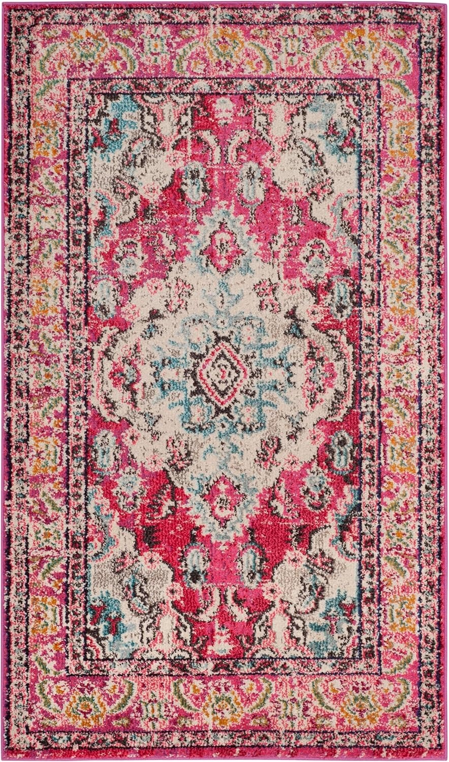 image:imageSAFAVIEH Monaco Collection Area Rug 8 Round Forest Green amp Light Blue NonShedding amp Easy to Clean Distressed Medallion Design Ideal for Living Room Bedroom Dining Space MNC243FPinkMulti