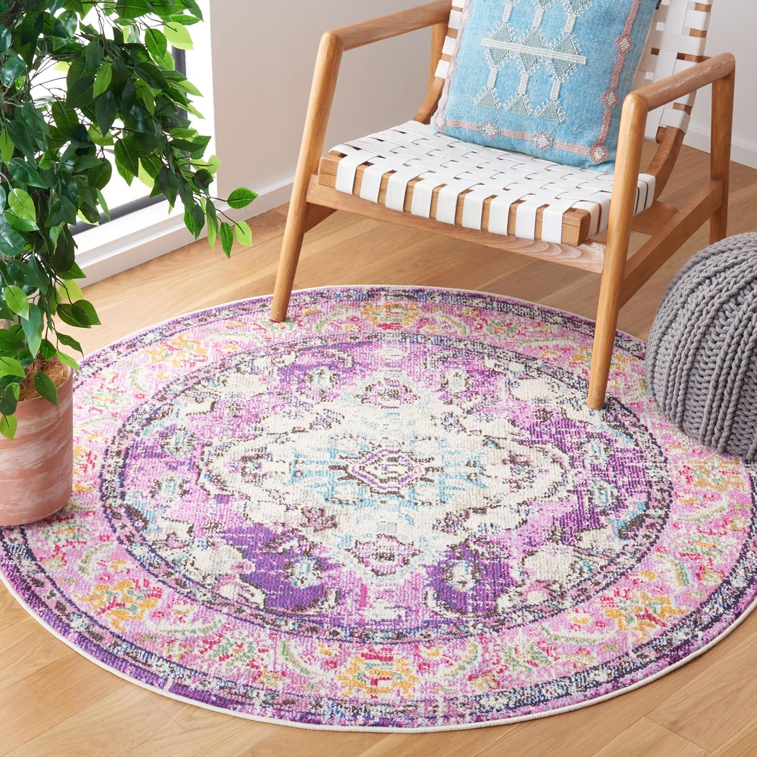 image:imageSAFAVIEH Monaco Collection Area Rug 8 Round Forest Green amp Light Blue NonShedding amp Easy to Clean Distressed Medallion Design Ideal for Living Room Bedroom Dining Space MNC243FVioletLight Blue