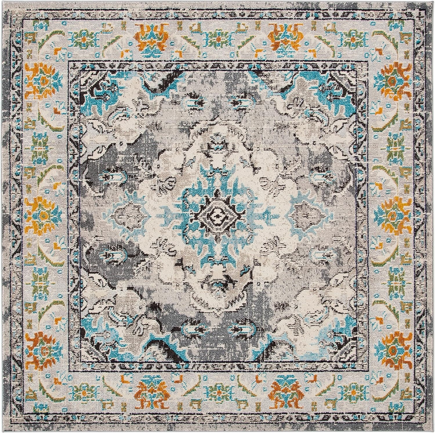 image:imageSAFAVIEH Monaco Collection Area Rug 8 Round Forest Green amp Light Blue NonShedding amp Easy to Clean Distressed Medallion Design Ideal for Living Room Bedroom Dining Space MNC243FGreyLight Blue