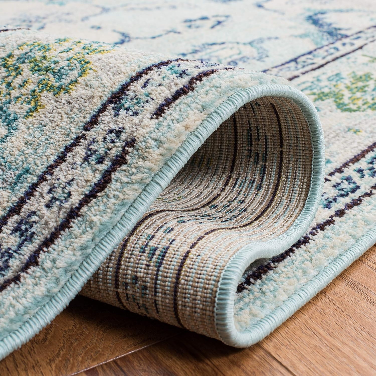 image:imageSAFAVIEH Monaco Collection Area Rug 8 Round Forest Green amp Light Blue NonShedding amp Easy to Clean Distressed Medallion Design Ideal for Living Room Bedroom Dining Space MNC243FLight Blue Ivory