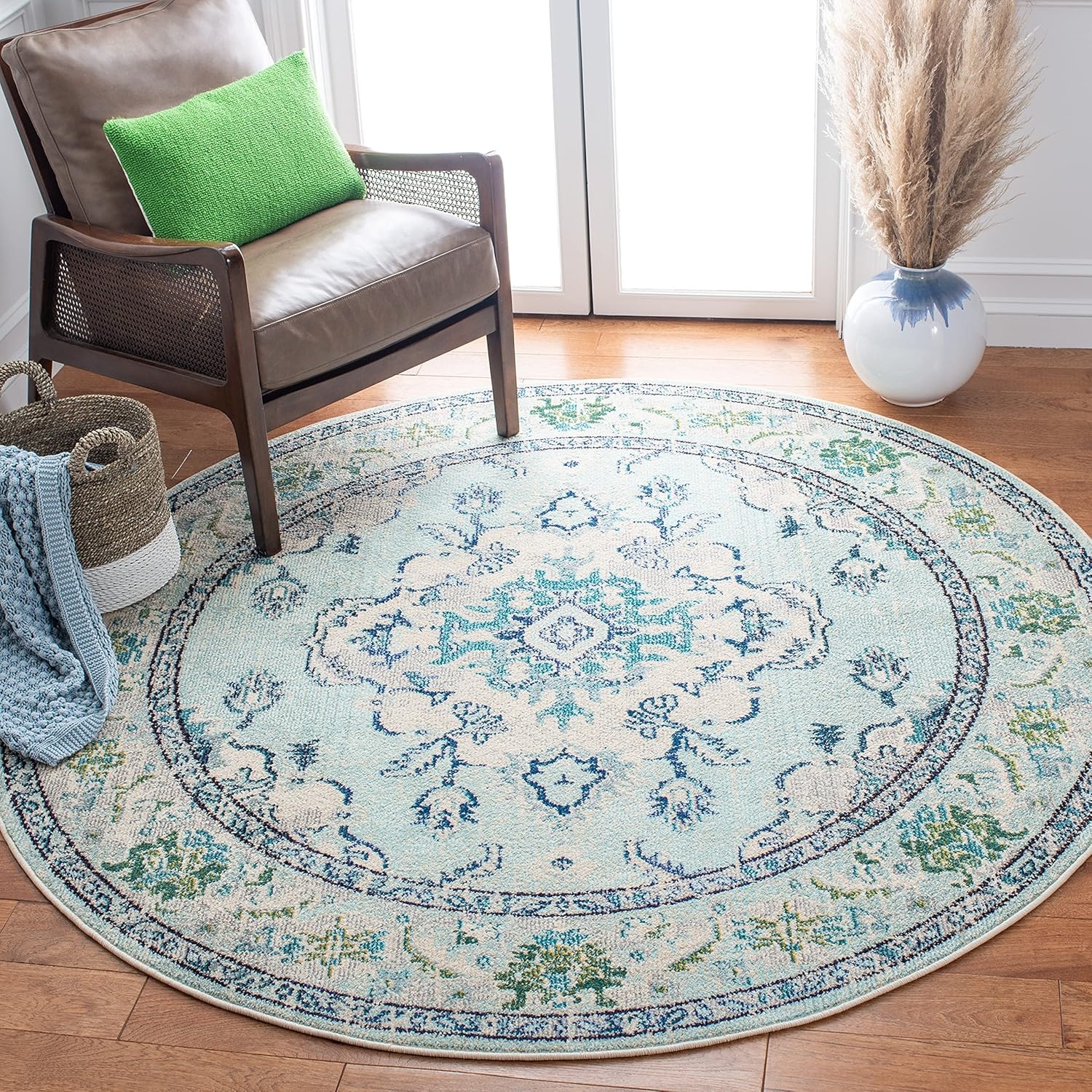 image:imageSAFAVIEH Monaco Collection Area Rug 8 Round Forest Green amp Light Blue NonShedding amp Easy to Clean Distressed Medallion Design Ideal for Living Room Bedroom Dining Space MNC243FLight Blue Ivory