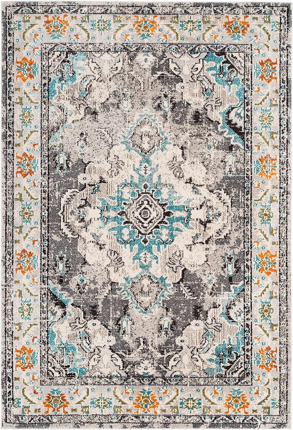image:imageSAFAVIEH Monaco Collection Area Rug 8 Round Forest Green amp Light Blue NonShedding amp Easy to Clean Distressed Medallion Design Ideal for Living Room Bedroom Dining Space MNC243FGreyLight Blue