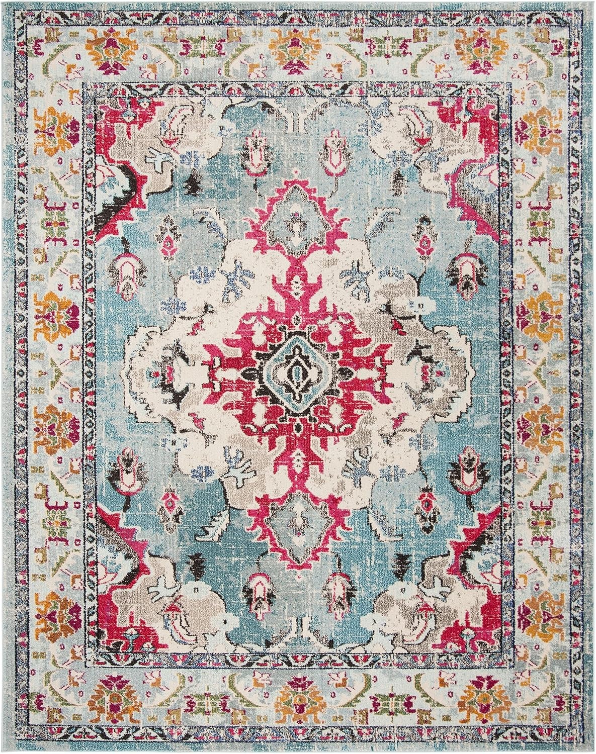 image:imageSAFAVIEH Monaco Collection Area Rug 8 Round Forest Green amp Light Blue NonShedding amp Easy to Clean Distressed Medallion Design Ideal for Living Room Bedroom Dining Space MNC243FLight BlueFuchsia