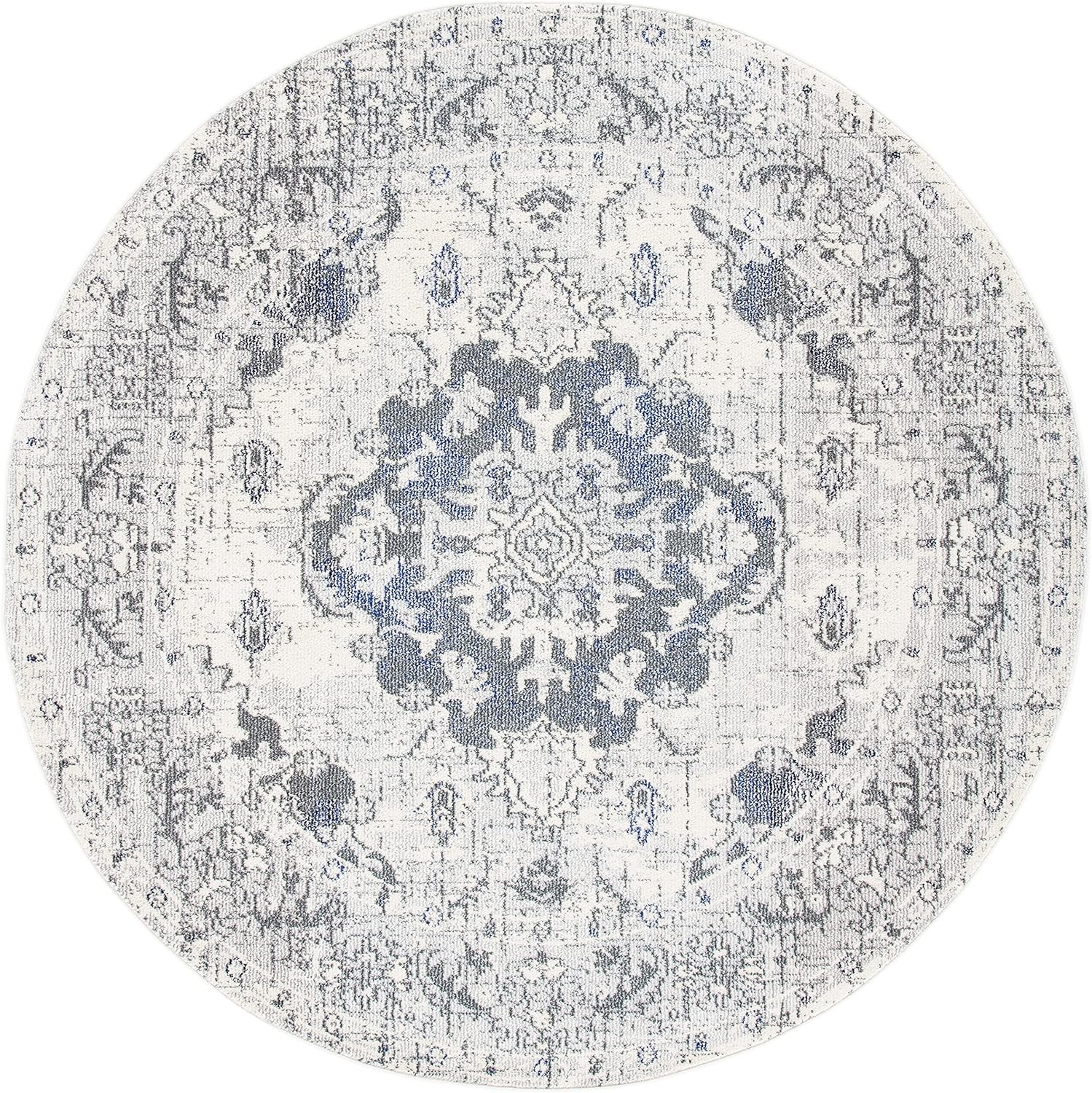 image:imageSAFAVIEH Monaco Collection Area Rug 8 Round Forest Green amp Light Blue NonShedding amp Easy to Clean Distressed Medallion Design Ideal for Living Room Bedroom Dining Space MNC243FIvoryGrey