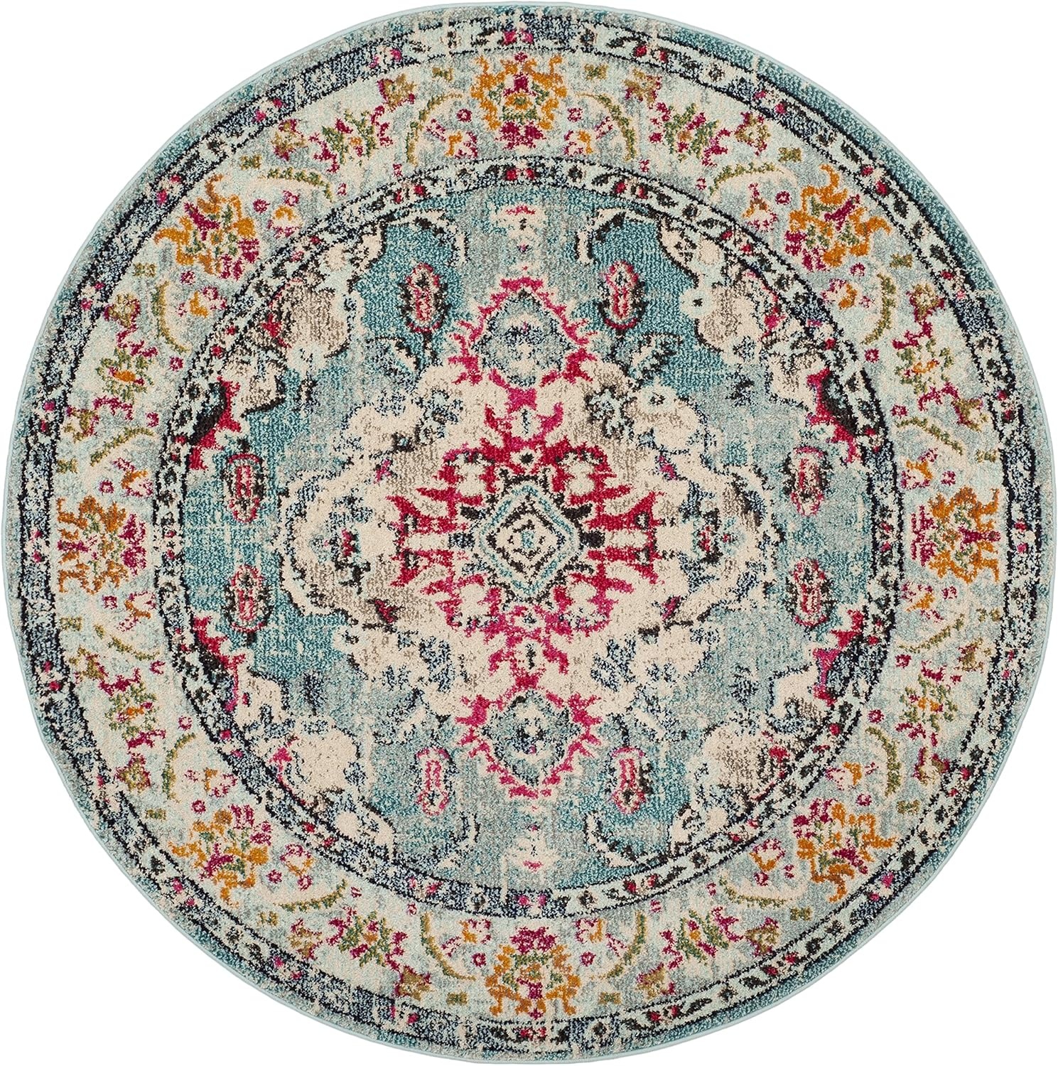 image:imageSAFAVIEH Monaco Collection Area Rug 8 Round Forest Green amp Light Blue NonShedding amp Easy to Clean Distressed Medallion Design Ideal for Living Room Bedroom Dining Space MNC243FLight BlueFuchsia