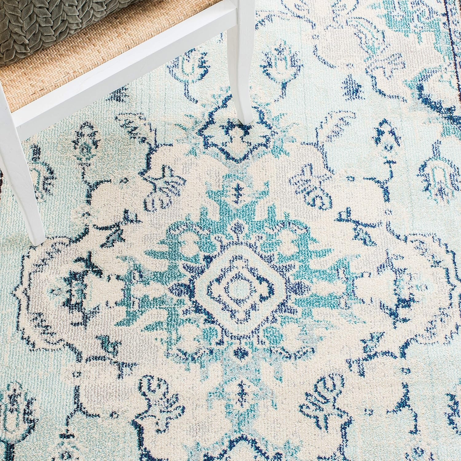 image:imageSAFAVIEH Monaco Collection Area Rug 8 Round Forest Green amp Light Blue NonShedding amp Easy to Clean Distressed Medallion Design Ideal for Living Room Bedroom Dining Space MNC243FLight Blue Ivory