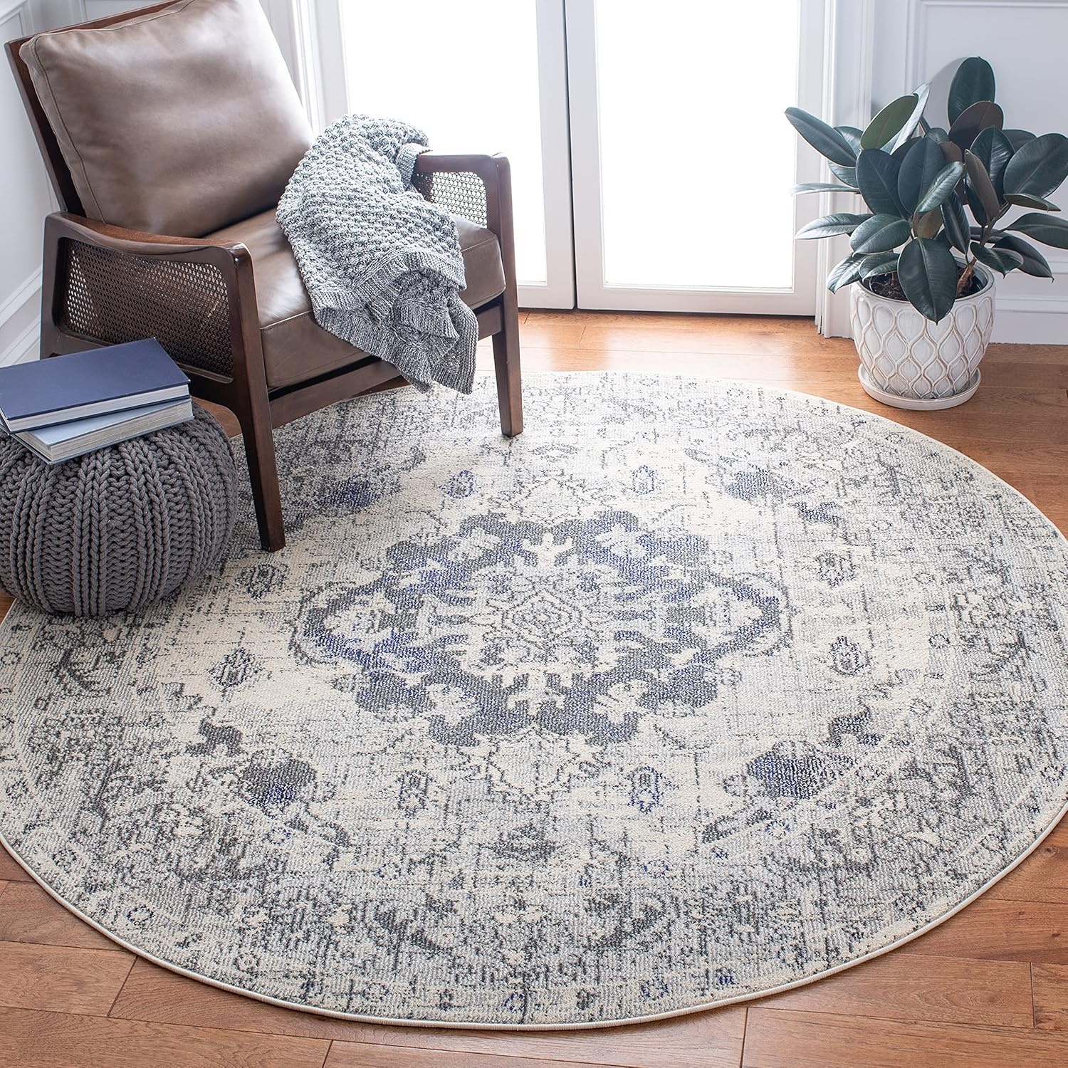 image:imageSAFAVIEH Monaco Collection Area Rug 8 Round Forest Green amp Light Blue NonShedding amp Easy to Clean Distressed Medallion Design Ideal for Living Room Bedroom Dining Space MNC243FIvoryGrey