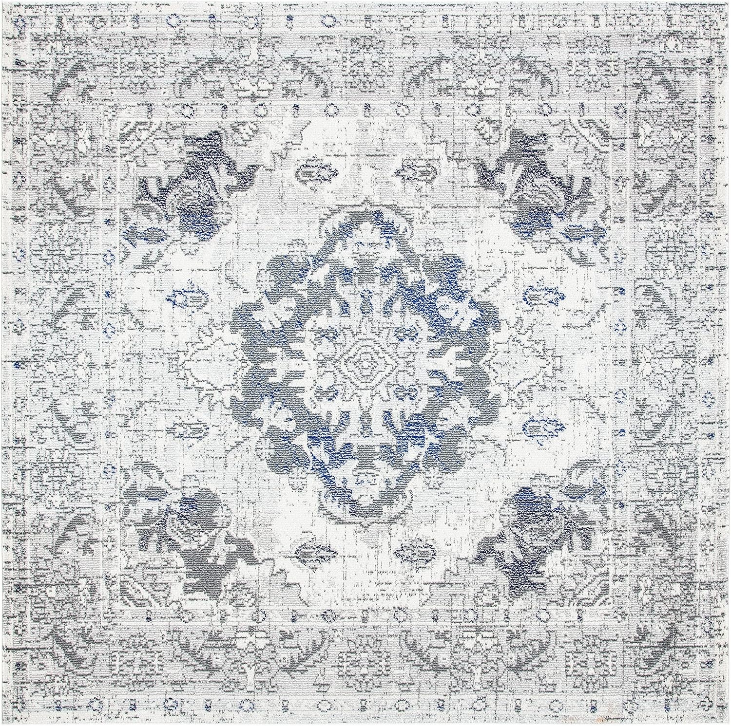 image:imageSAFAVIEH Monaco Collection Area Rug 8 Round Forest Green amp Light Blue NonShedding amp Easy to Clean Distressed Medallion Design Ideal for Living Room Bedroom Dining Space MNC243FIvoryGrey