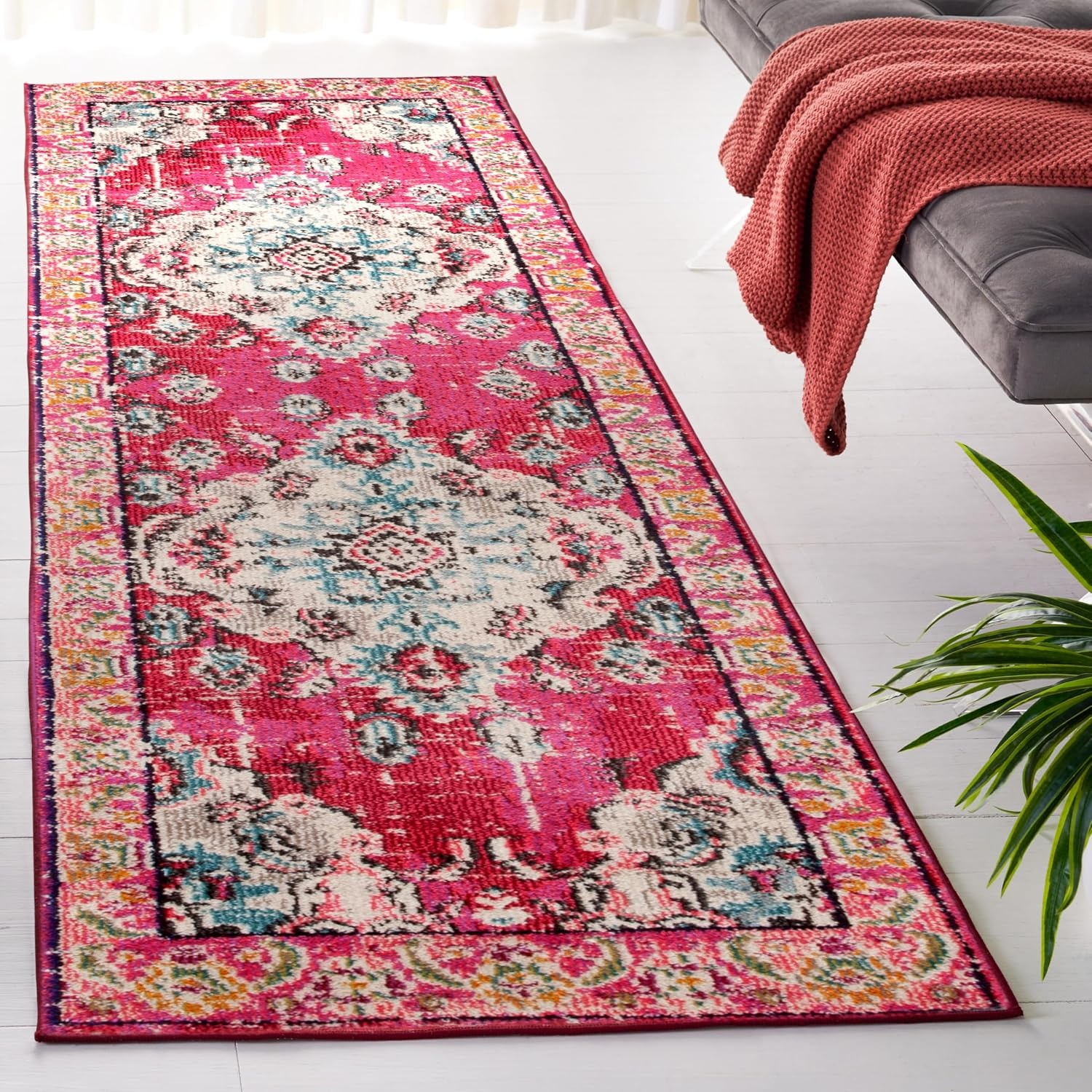 image:imageSAFAVIEH Monaco Collection Area Rug 8 Round Forest Green amp Light Blue NonShedding amp Easy to Clean Distressed Medallion Design Ideal for Living Room Bedroom Dining Space MNC243FPinkMulti