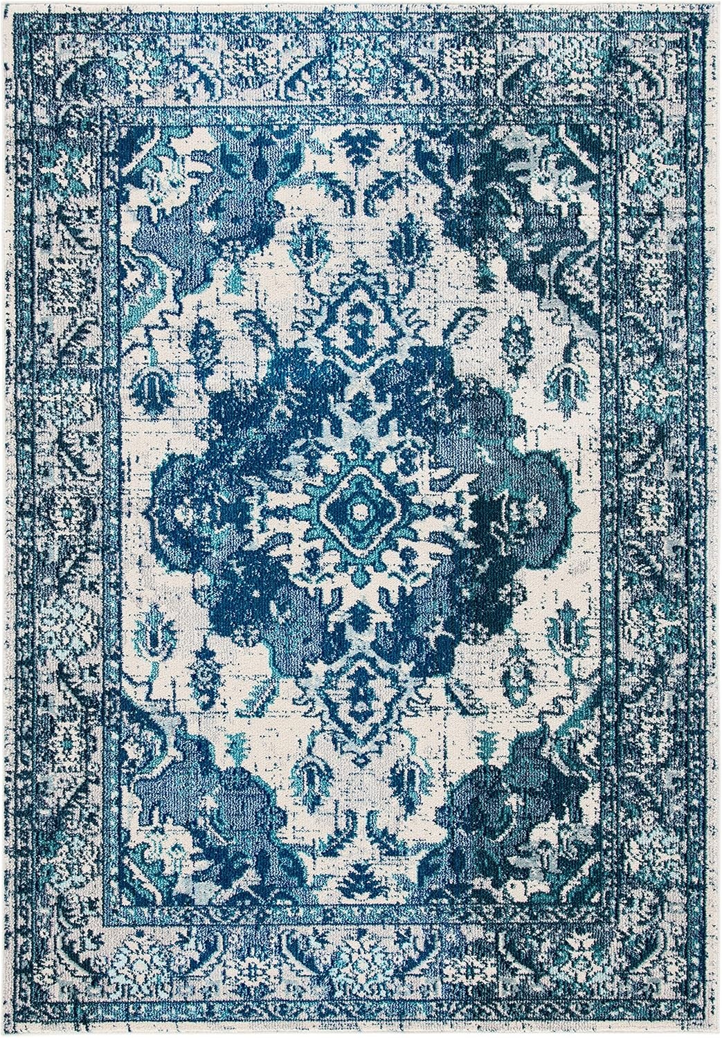 image:imageSAFAVIEH Monaco Collection Area Rug 8 Round Forest Green amp Light Blue NonShedding amp Easy to Clean Distressed Medallion Design Ideal for Living Room Bedroom Dining Space MNC243FIvoryBlue