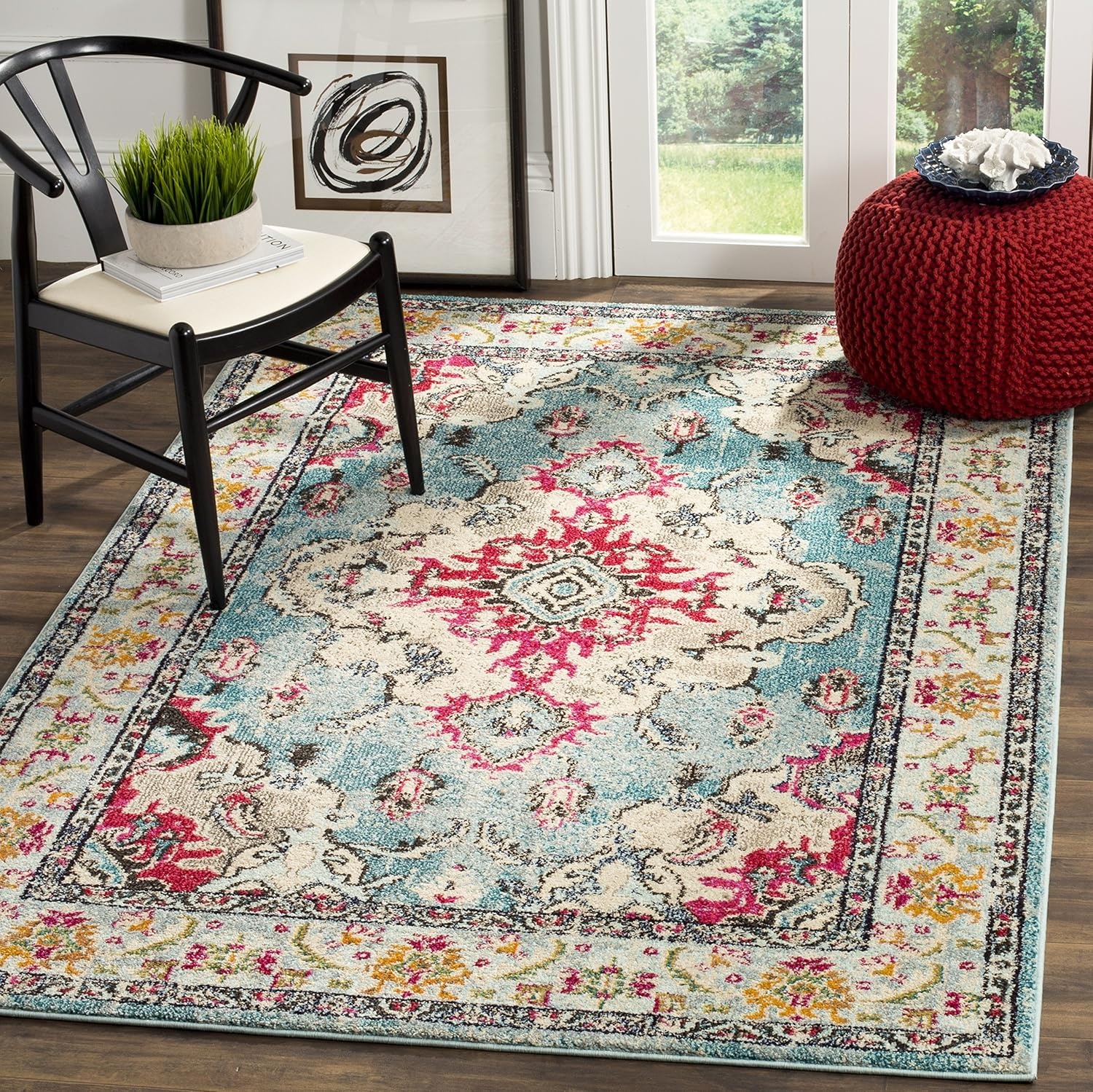 image:imageSAFAVIEH Monaco Collection Area Rug 8 Round Forest Green amp Light Blue NonShedding amp Easy to Clean Distressed Medallion Design Ideal for Living Room Bedroom Dining Space MNC243FLight BlueFuchsia