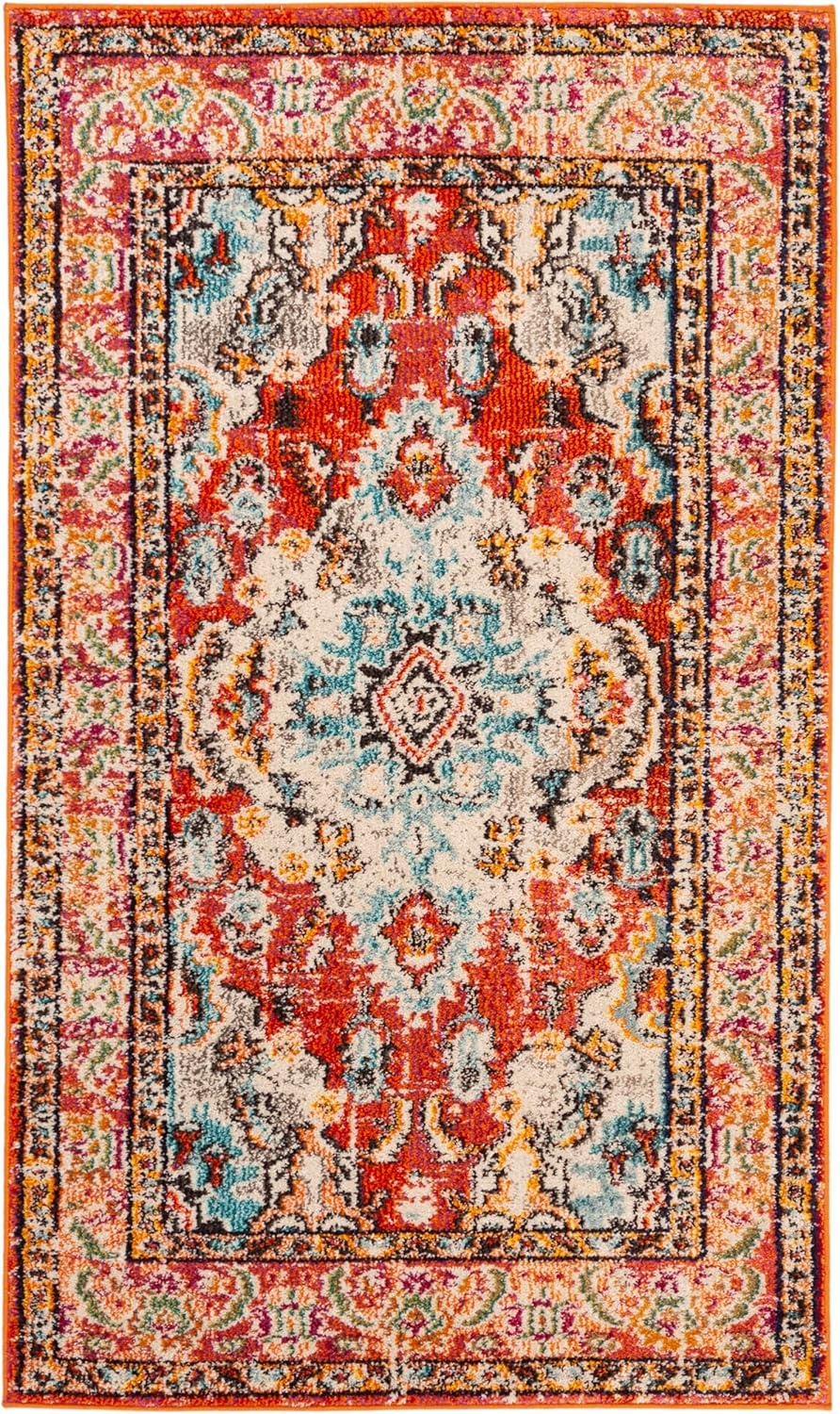 image:imageSAFAVIEH Monaco Collection Area Rug 8 Round Forest Green amp Light Blue NonShedding amp Easy to Clean Distressed Medallion Design Ideal for Living Room Bedroom Dining Space MNC243FOrangeLight Blue