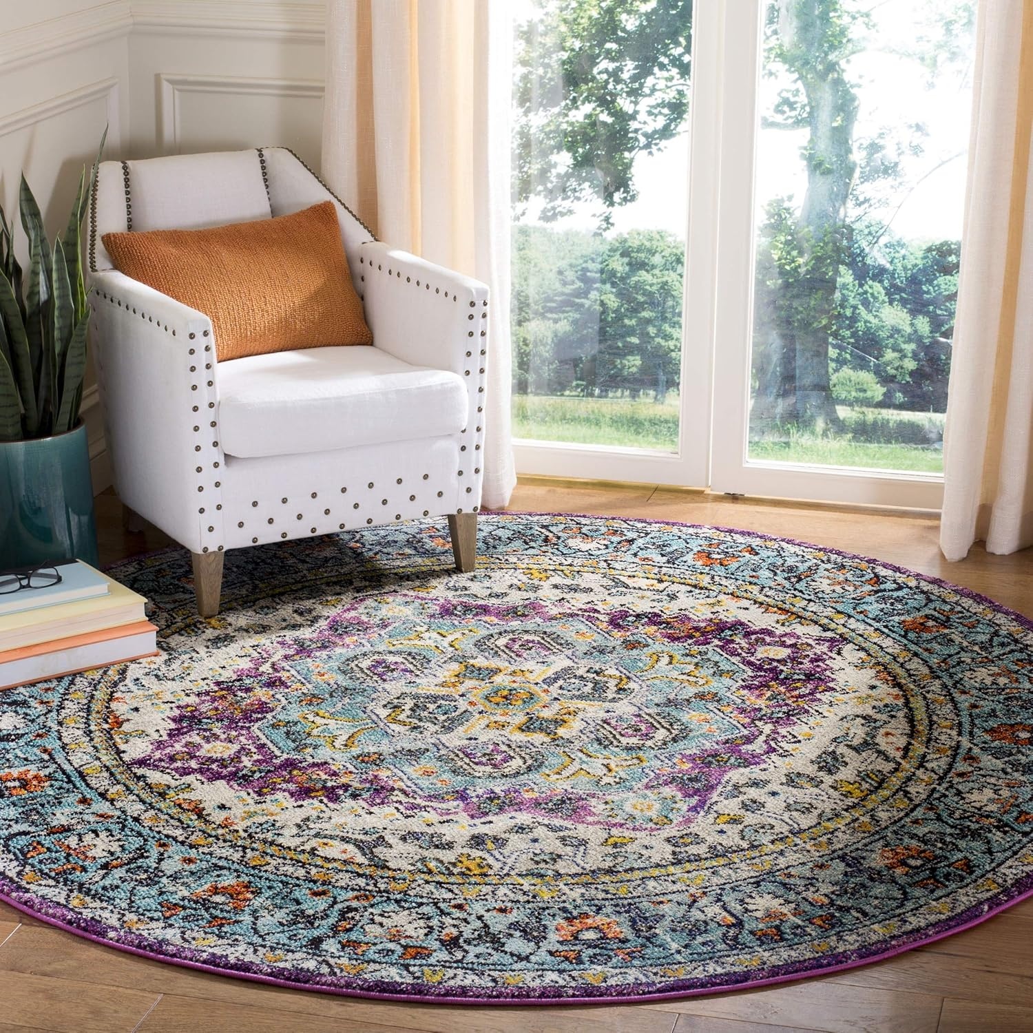 image:imageSAFAVIEH Monaco Collection Area Rug 8 x 10 Violet amp Light Blue Boho Chic Medallion Distressed Design NonShedding amp Easy Care Ideal for High Traffic Areas in Living Room Bedroom MNC251LVioletLight Blue