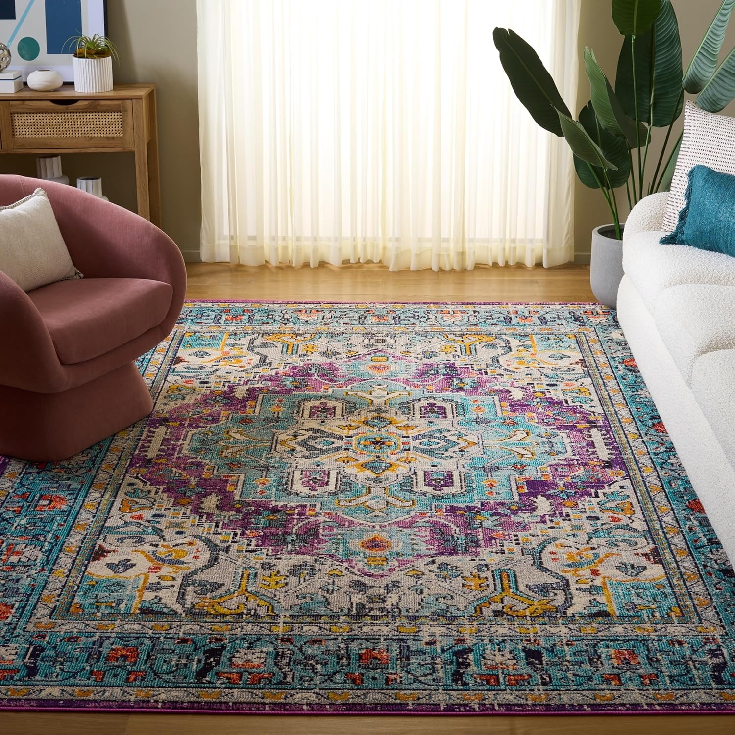 image:imageSAFAVIEH Monaco Collection Area Rug 8 x 10 Violet amp Light Blue Boho Chic Medallion Distressed Design NonShedding amp Easy Care Ideal for High Traffic Areas in Living Room Bedroom MNC251LVioletLight Blue