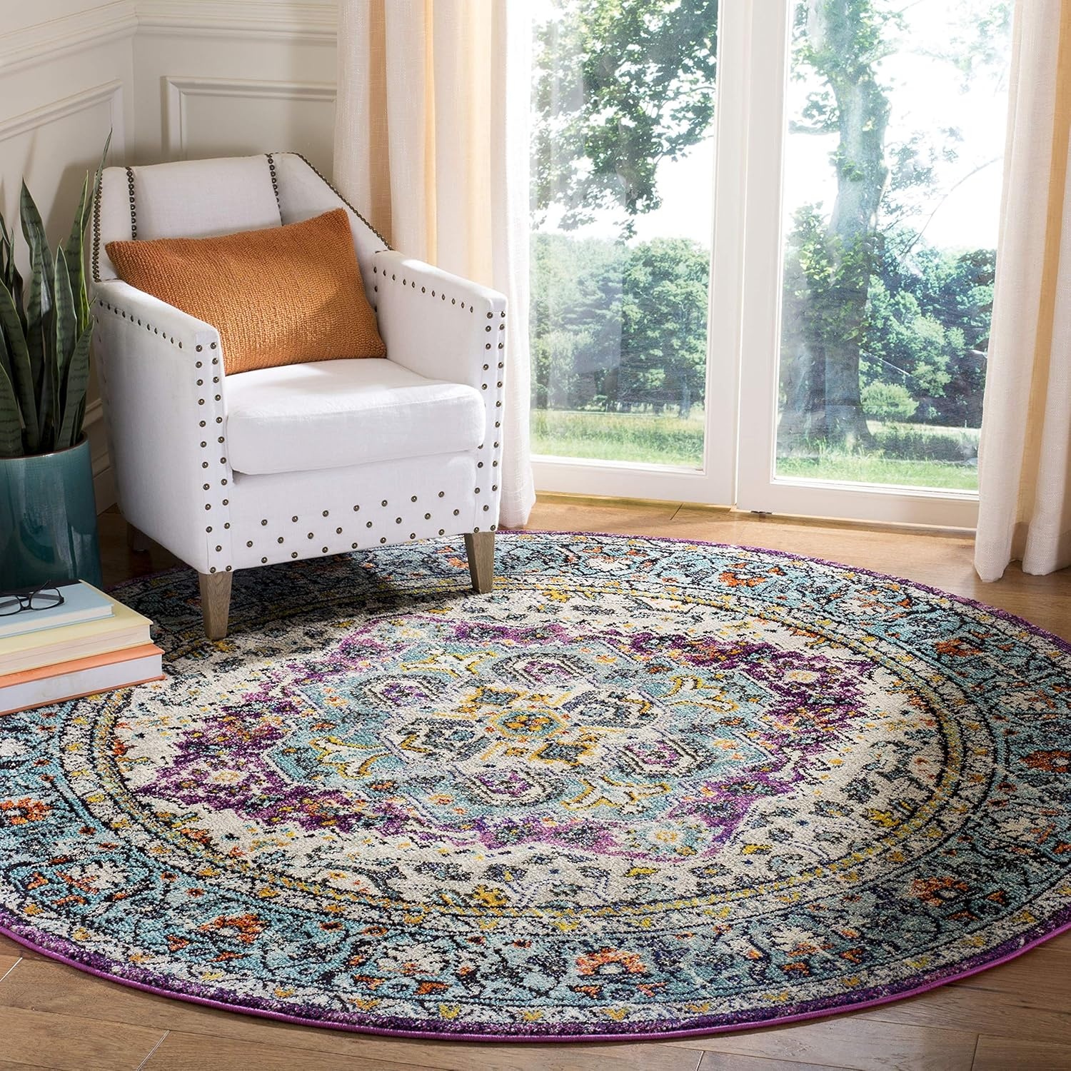 image:imageSAFAVIEH Monaco Collection Area Rug 8 x 10 Violet amp Light Blue Boho Chic Medallion Distressed Design NonShedding amp Easy Care Ideal for High Traffic Areas in Living Room Bedroom MNC251LVioletLight Blue