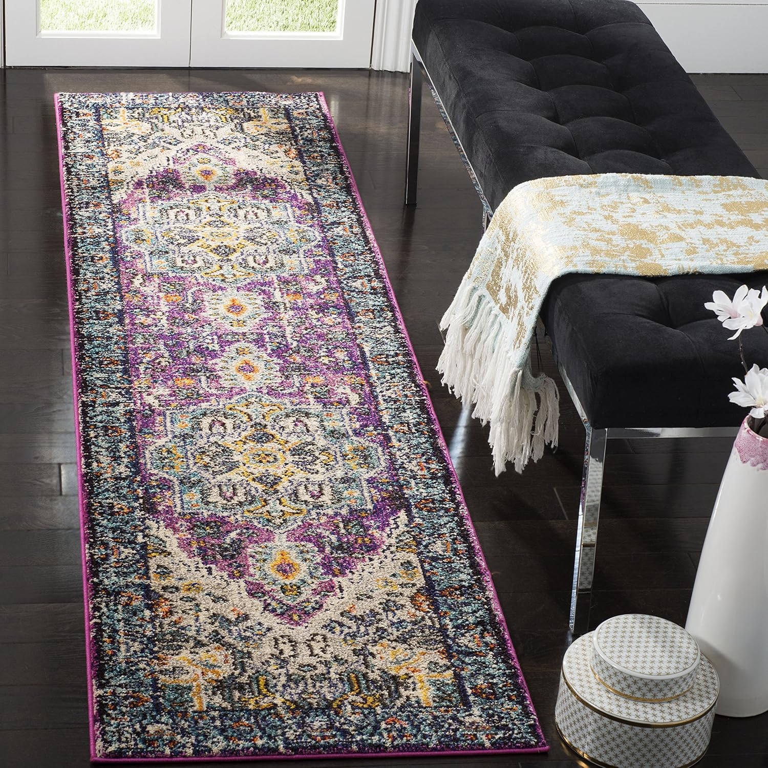 image:imageSAFAVIEH Monaco Collection Area Rug 8 x 10 Violet amp Light Blue Boho Chic Medallion Distressed Design NonShedding amp Easy Care Ideal for High Traffic Areas in Living Room Bedroom MNC251LVioletLight Blue