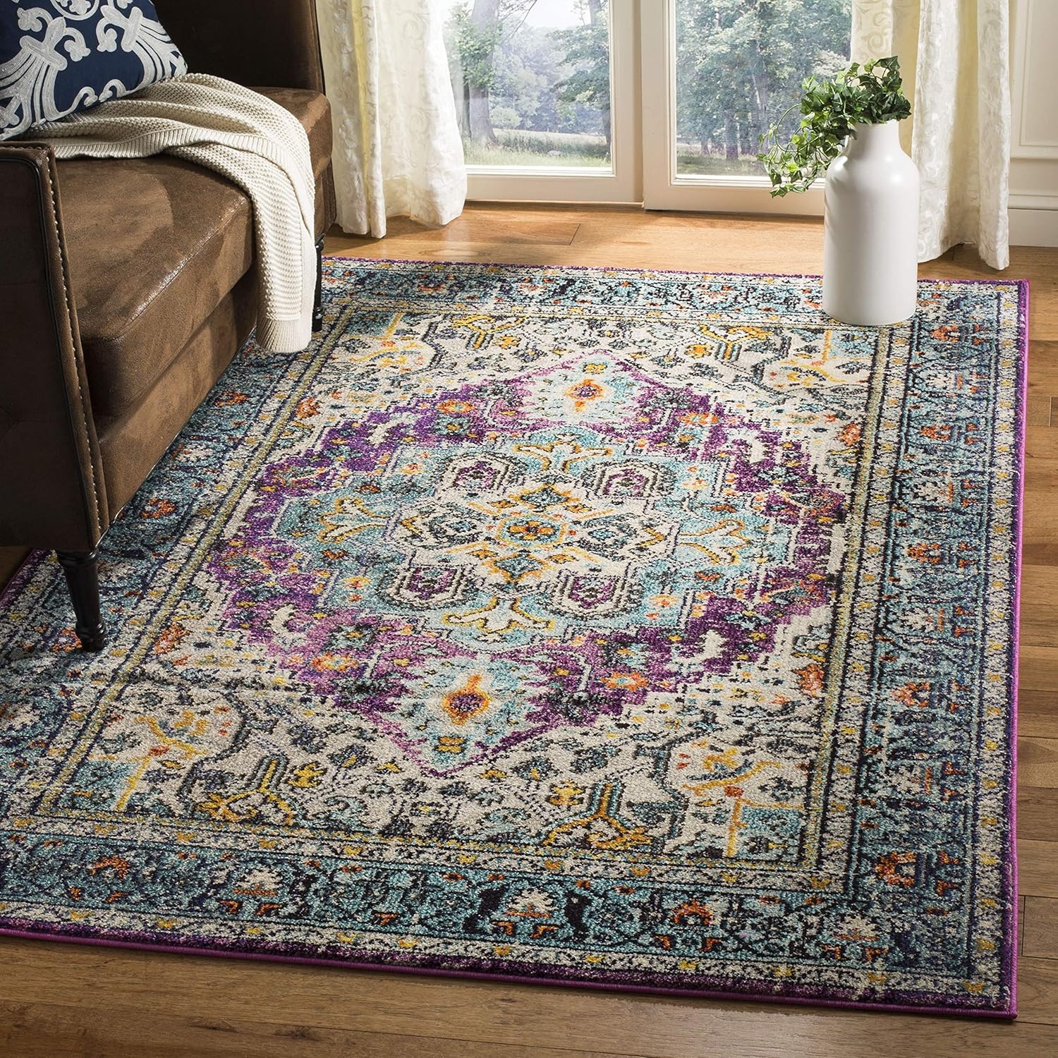 image:imageSAFAVIEH Monaco Collection Area Rug 8 x 10 Violet amp Light Blue Boho Chic Medallion Distressed Design NonShedding amp Easy Care Ideal for High Traffic Areas in Living Room Bedroom MNC251LVioletLight Blue