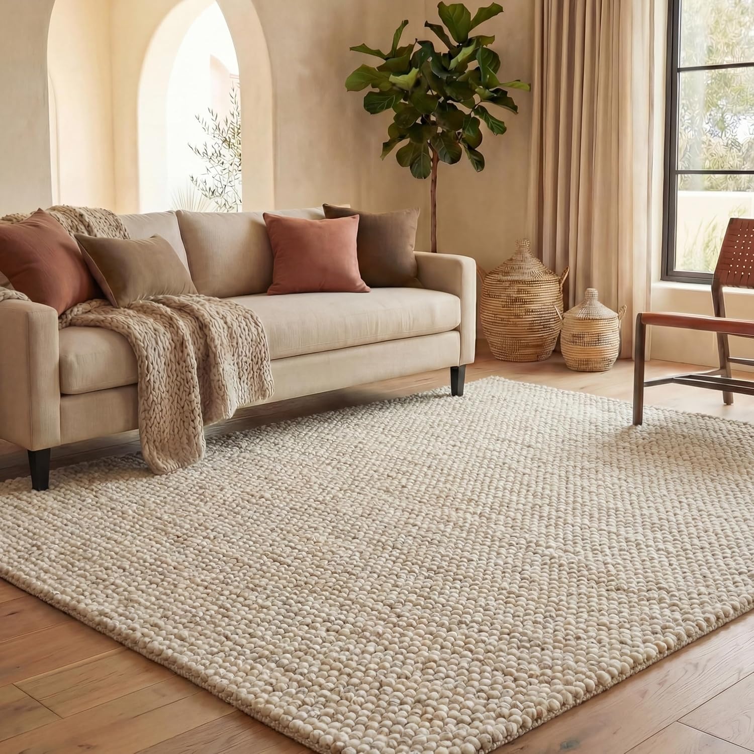 image:imageSAFAVIEH Natura Collection Area Rug 8 Square Beige amp Ivory Handmade Wool Blend Textured Design Ideal for Living Room Bedroom Dining Space NAT425BBeigeIvory