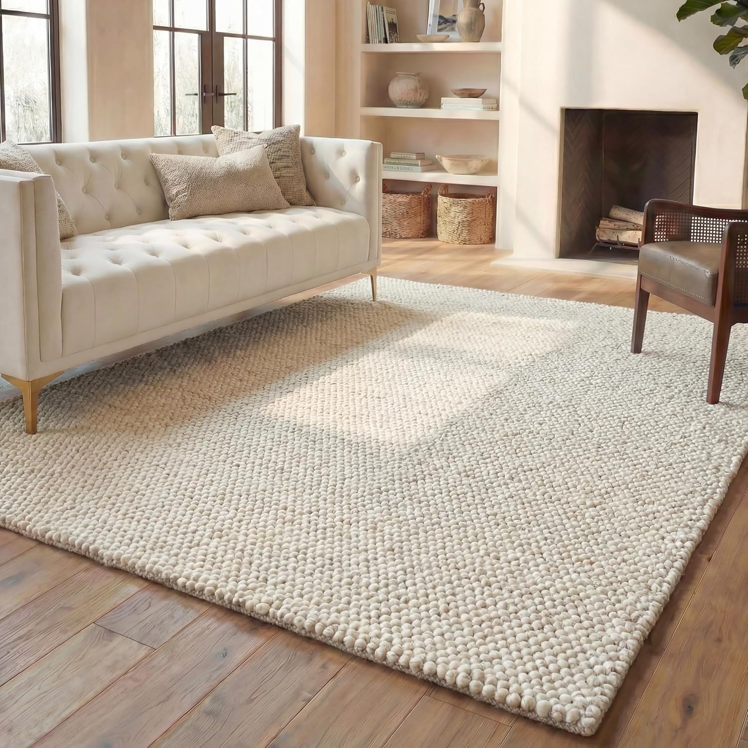 image:imageSAFAVIEH Natura Collection Area Rug 8 Square Beige amp Ivory Handmade Wool Blend Textured Design Ideal for Living Room Bedroom Dining Space NAT425BBeigeIvory