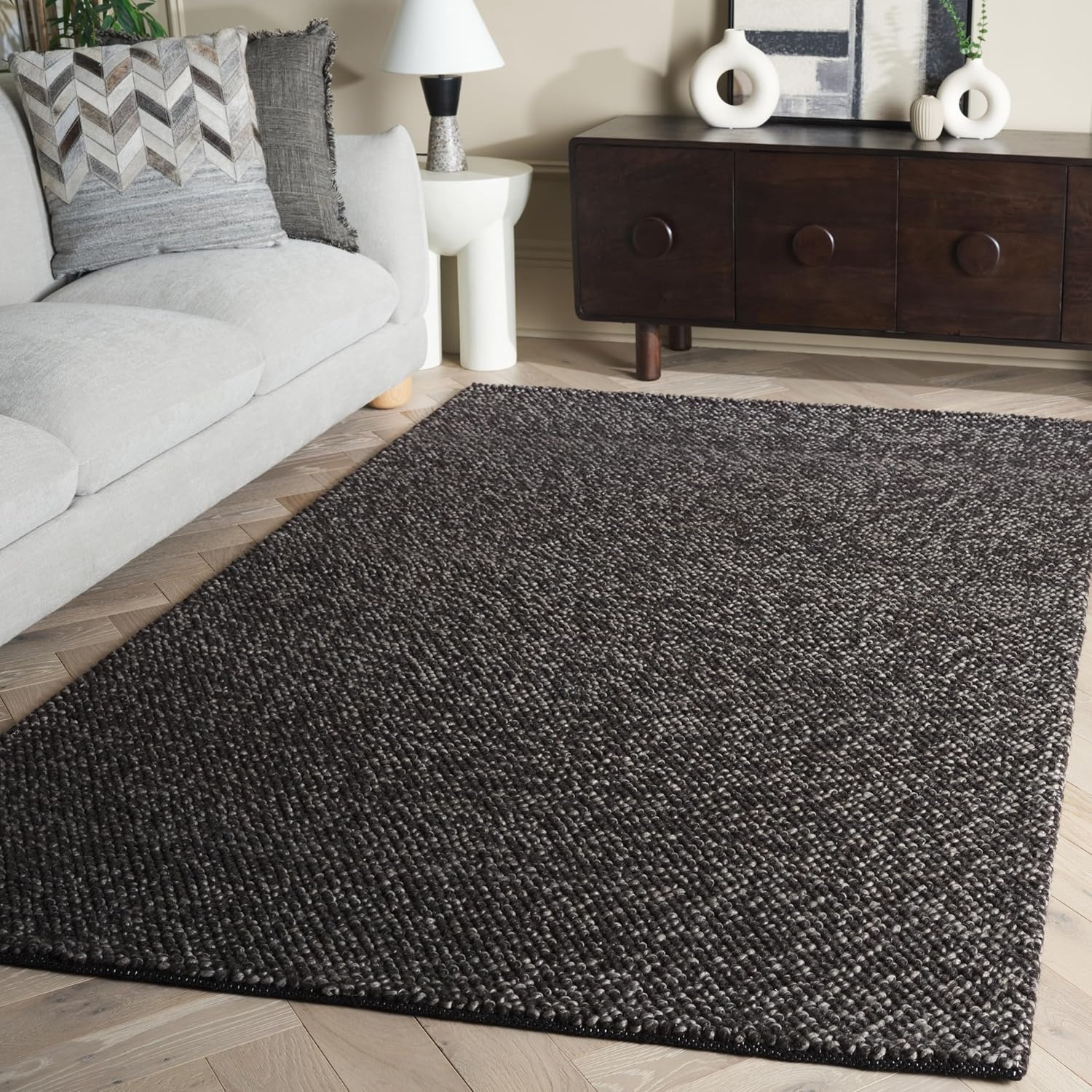 image:imageSAFAVIEH Natura Collection Area Rug 8 Square Beige amp Ivory Handmade Wool Blend Textured Design Ideal for Living Room Bedroom Dining Space NAT425BBlackGrey