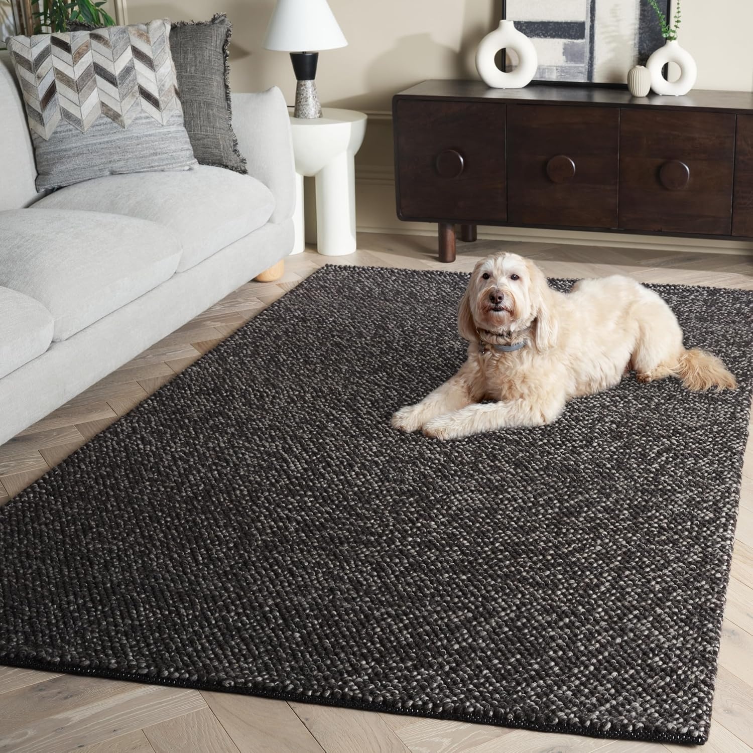 image:imageSAFAVIEH Natura Collection Area Rug 8 Square Beige amp Ivory Handmade Wool Blend Textured Design Ideal for Living Room Bedroom Dining Space NAT425BBlackGrey