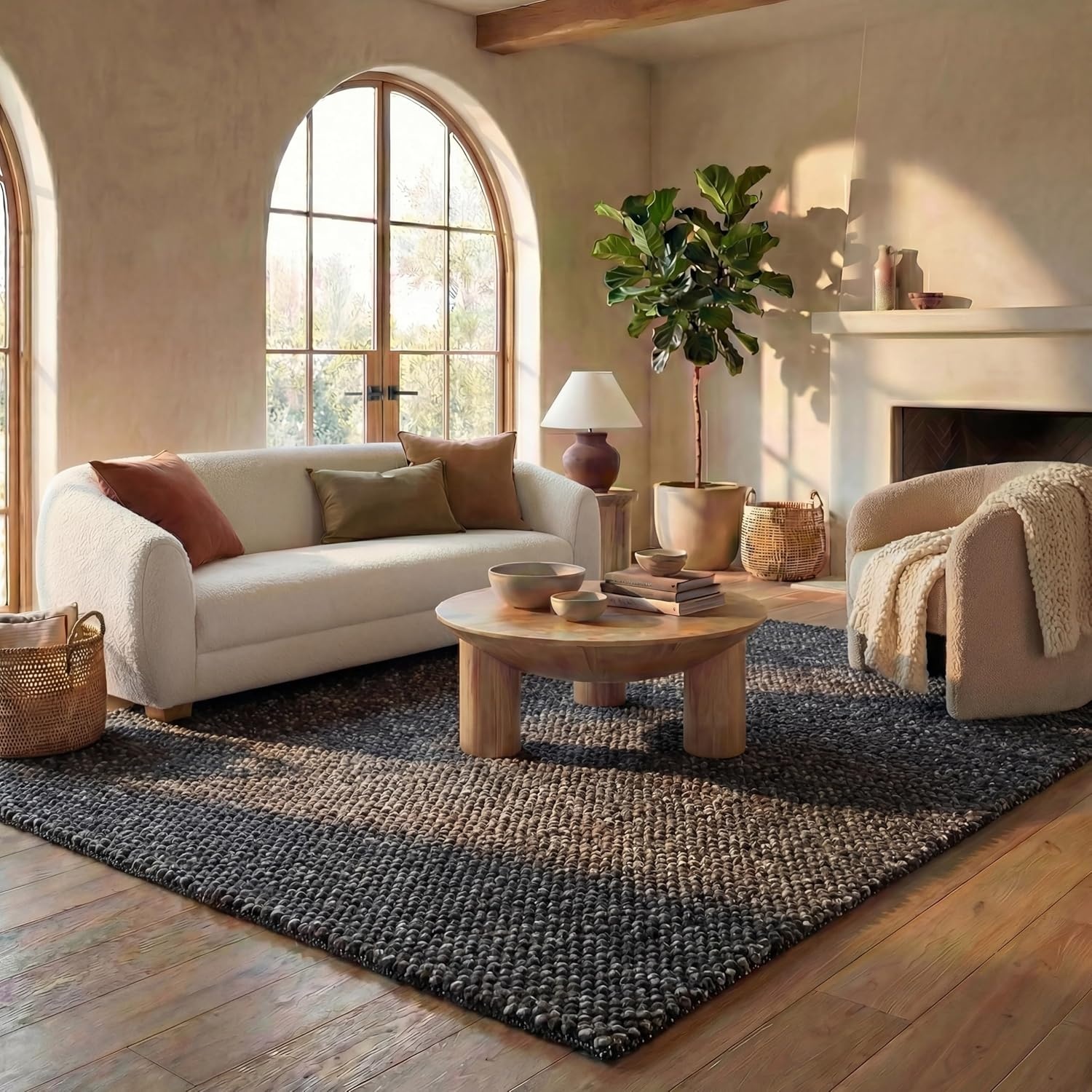 image:imageSAFAVIEH Natura Collection Area Rug 8 Square Beige amp Ivory Handmade Wool Blend Textured Design Ideal for Living Room Bedroom Dining Space NAT425BBlackGrey