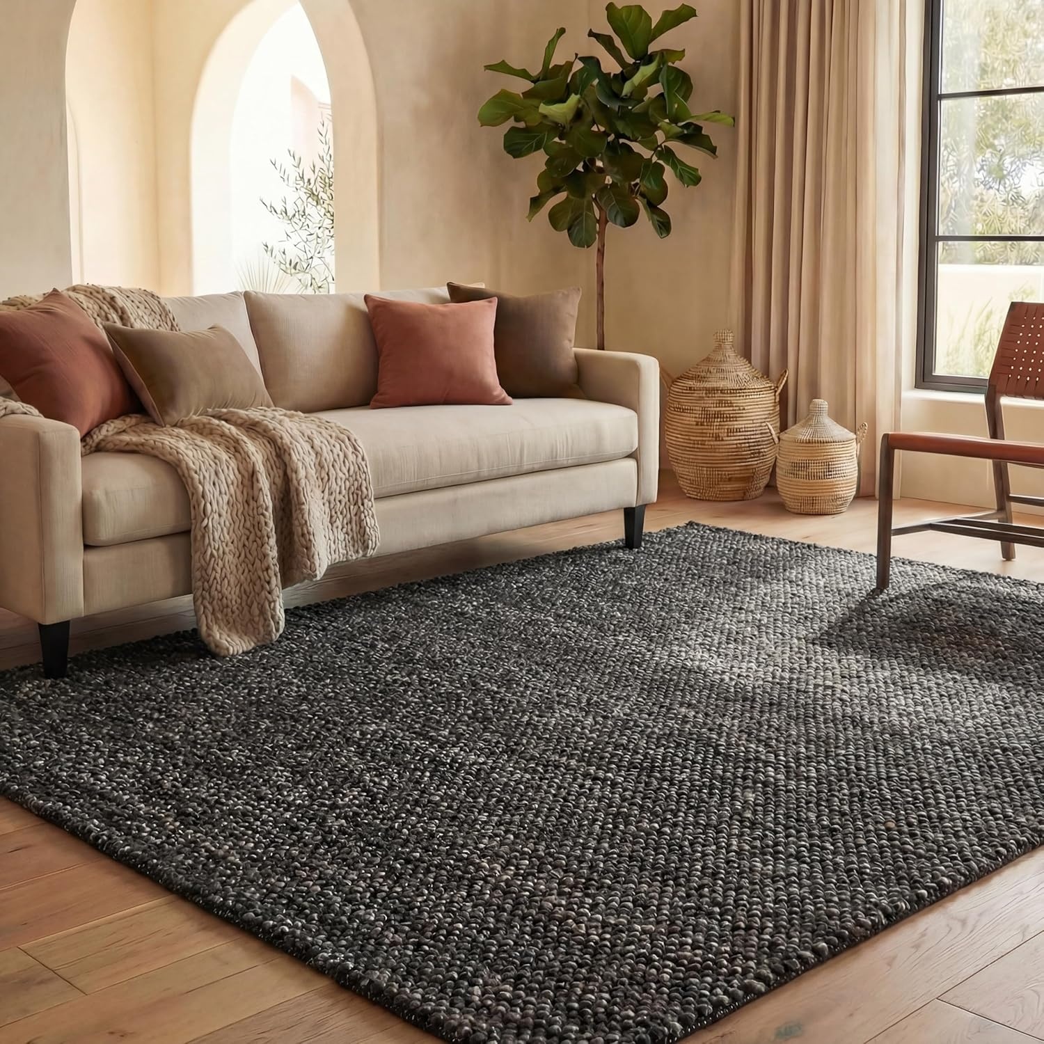 image:imageSAFAVIEH Natura Collection Area Rug 8 Square Beige amp Ivory Handmade Wool Blend Textured Design Ideal for Living Room Bedroom Dining Space NAT425BBlackGrey