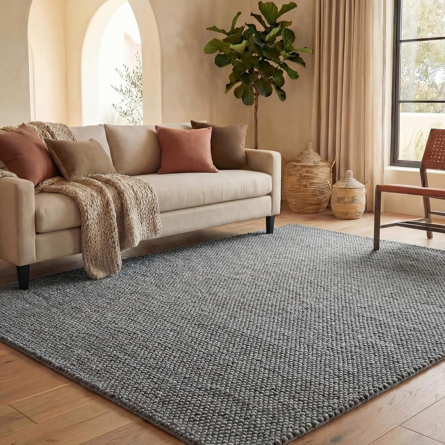 image:imageSAFAVIEH Natura Collection Area Rug 8 Square Beige amp Ivory Handmade Wool Blend Textured Design Ideal for Living Room Bedroom Dining Space NAT425BDark Grey