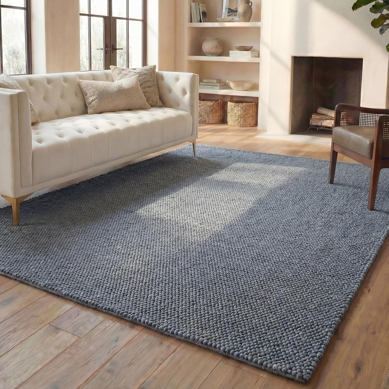 image:imageSAFAVIEH Natura Collection Area Rug 8 Square Beige amp Ivory Handmade Wool Blend Textured Design Ideal for Living Room Bedroom Dining Space NAT425BDark Grey