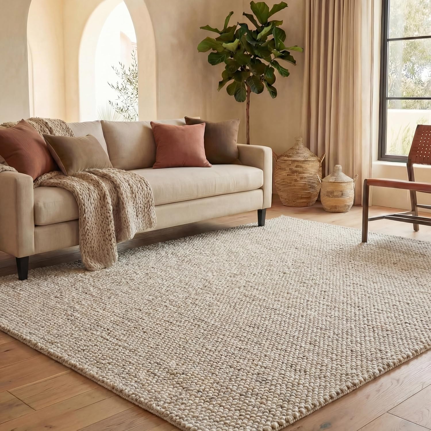 image:imageSAFAVIEH Natura Collection Area Rug 8 Square Beige amp Ivory Handmade Wool Blend Textured Design Ideal for Living Room Bedroom Dining Space NAT425BGreyIvory