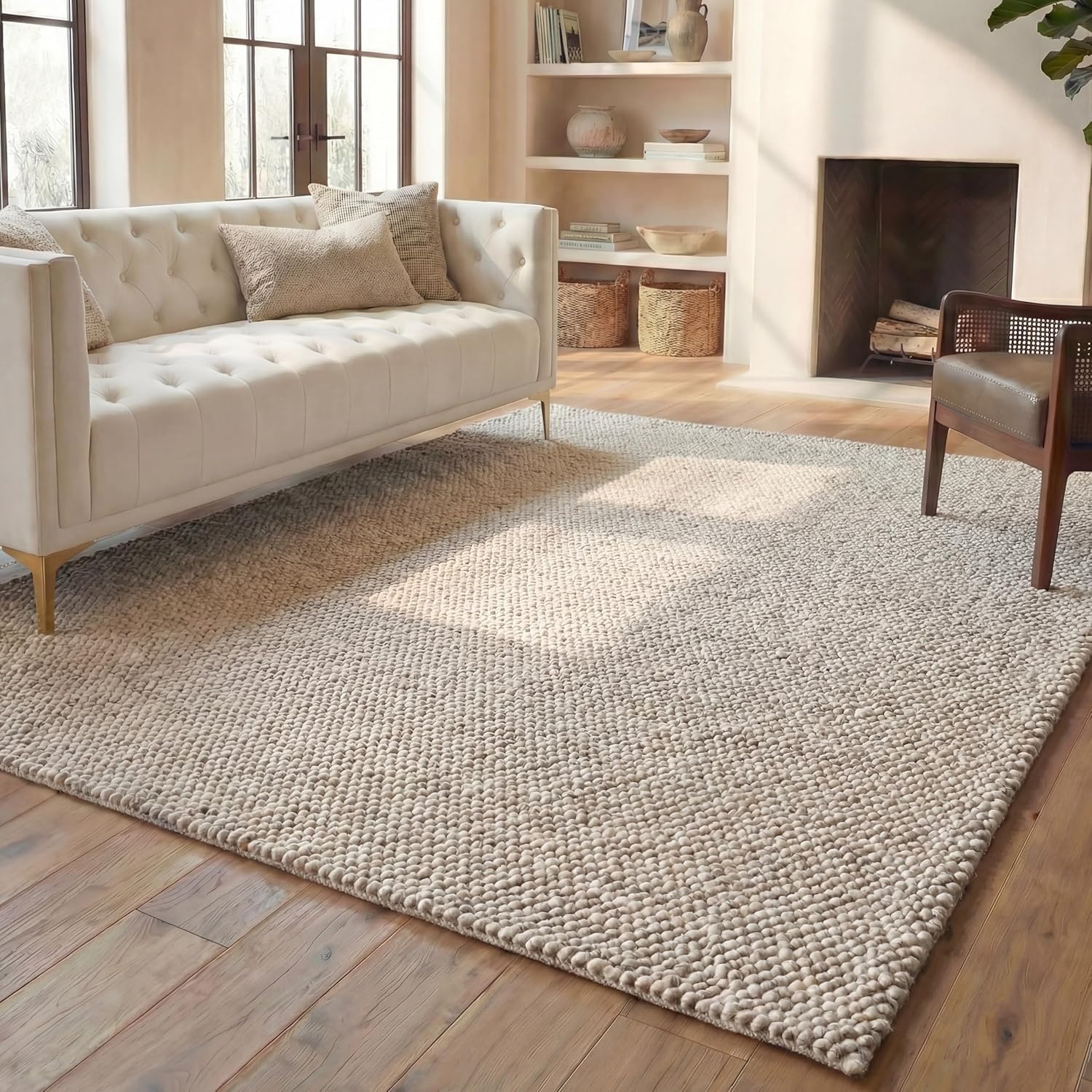 image:imageSAFAVIEH Natura Collection Area Rug 8 Square Beige amp Ivory Handmade Wool Blend Textured Design Ideal for Living Room Bedroom Dining Space NAT425BGreyIvory