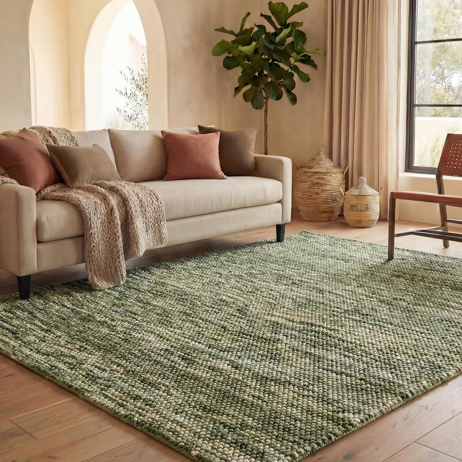 image:imageSAFAVIEH Natura Collection Area Rug 8 Square Beige amp Ivory Handmade Wool Blend Textured Design Ideal for Living Room Bedroom Dining Space NAT425BGreenIvory