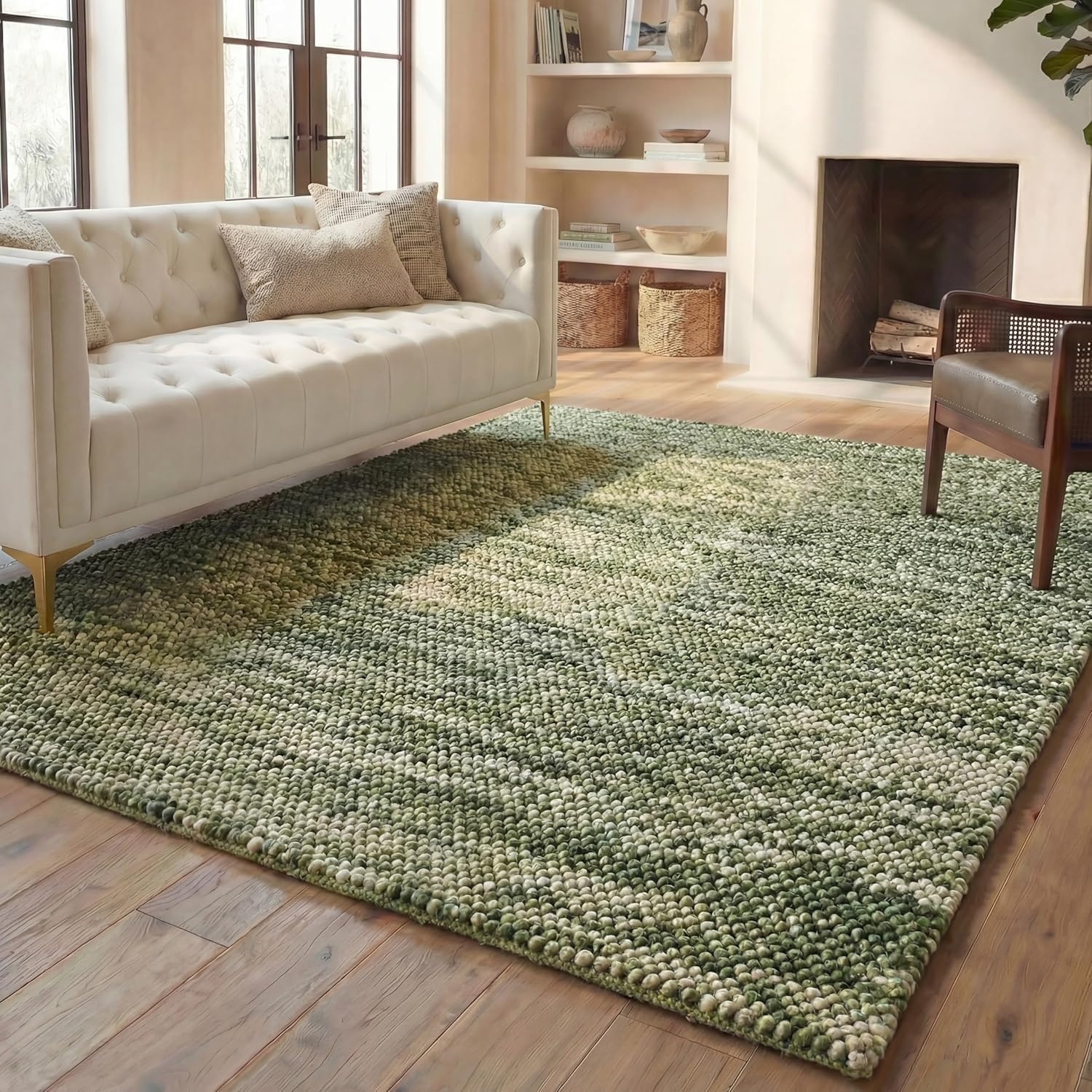 image:imageSAFAVIEH Natura Collection Area Rug 8 Square Beige amp Ivory Handmade Wool Blend Textured Design Ideal for Living Room Bedroom Dining Space NAT425BGreenIvory